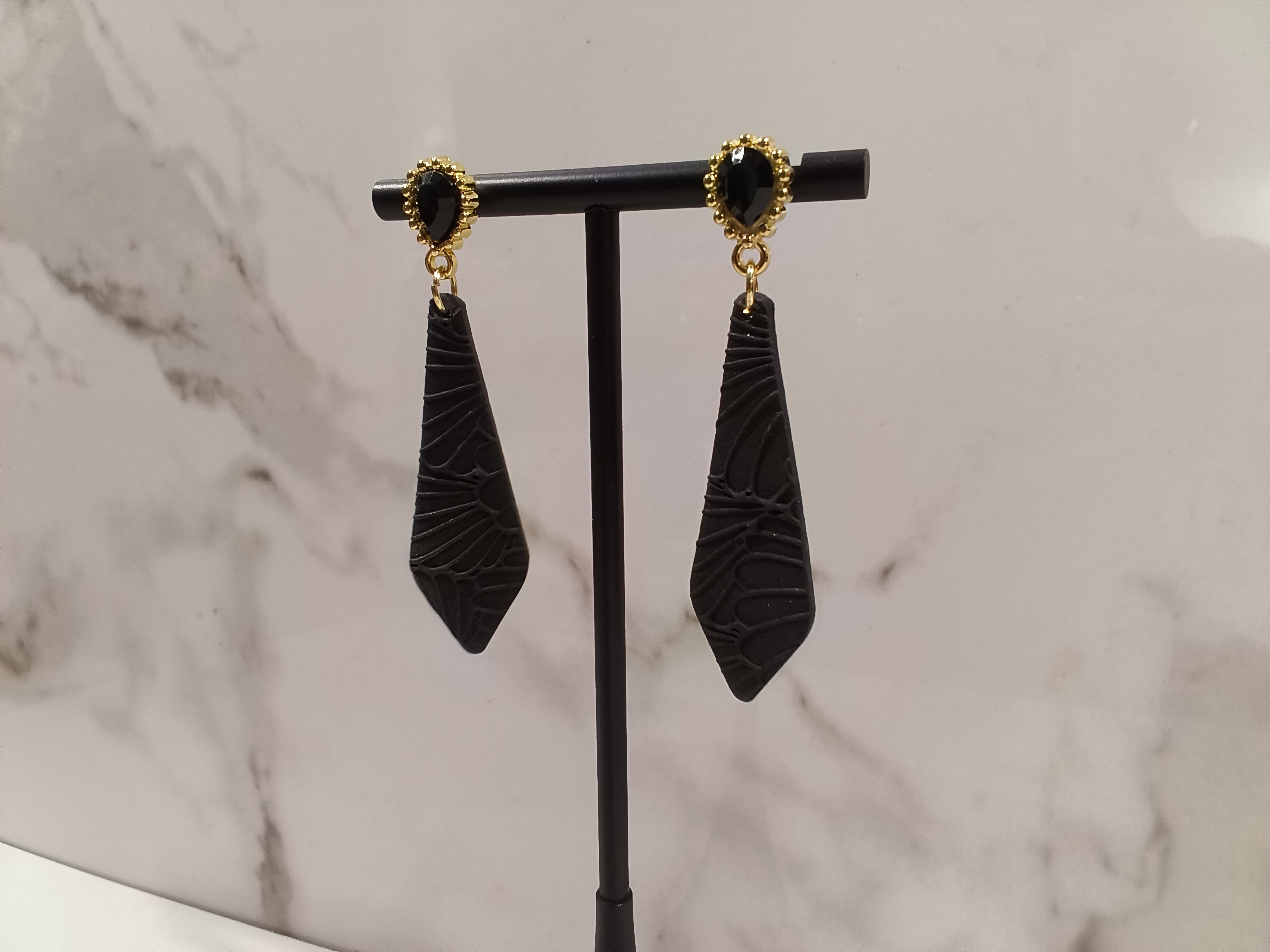 Black Clay Teardrop Earrings with Black Stone