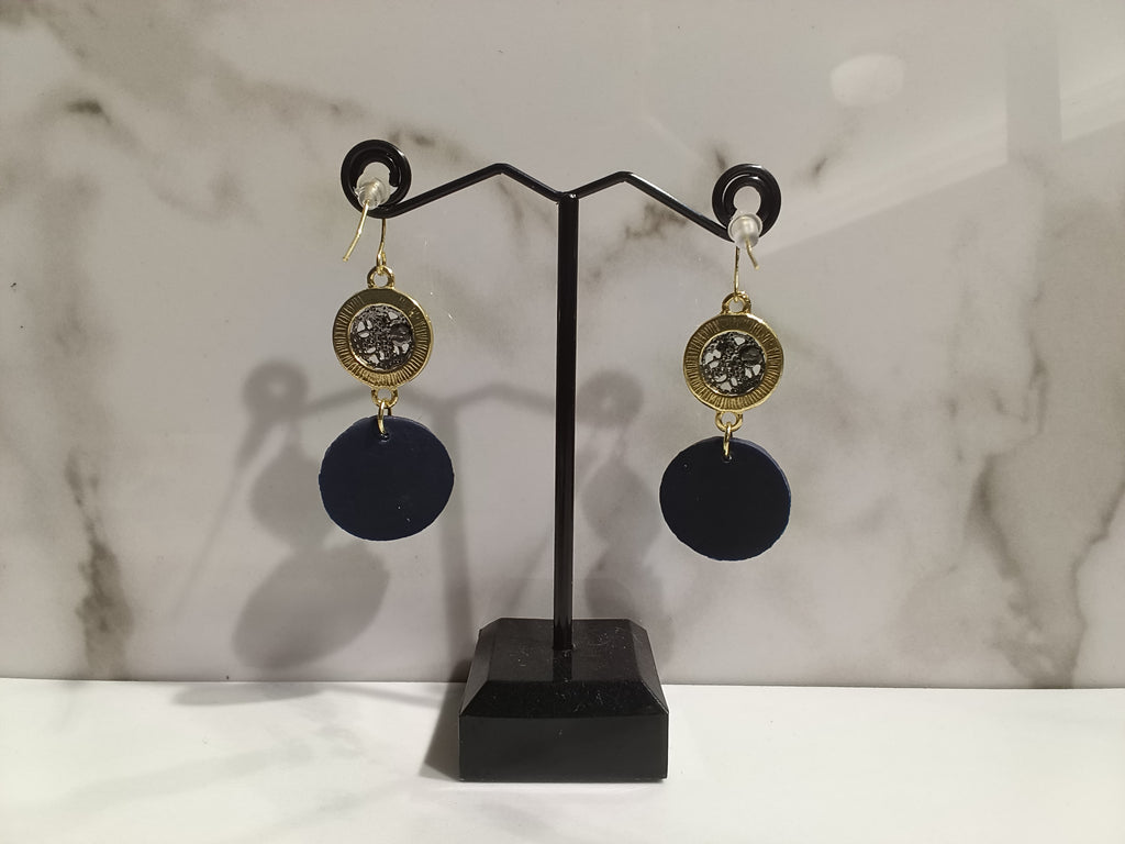 Dark Blue Knit Pattern Clay Earrings with Gold Accents