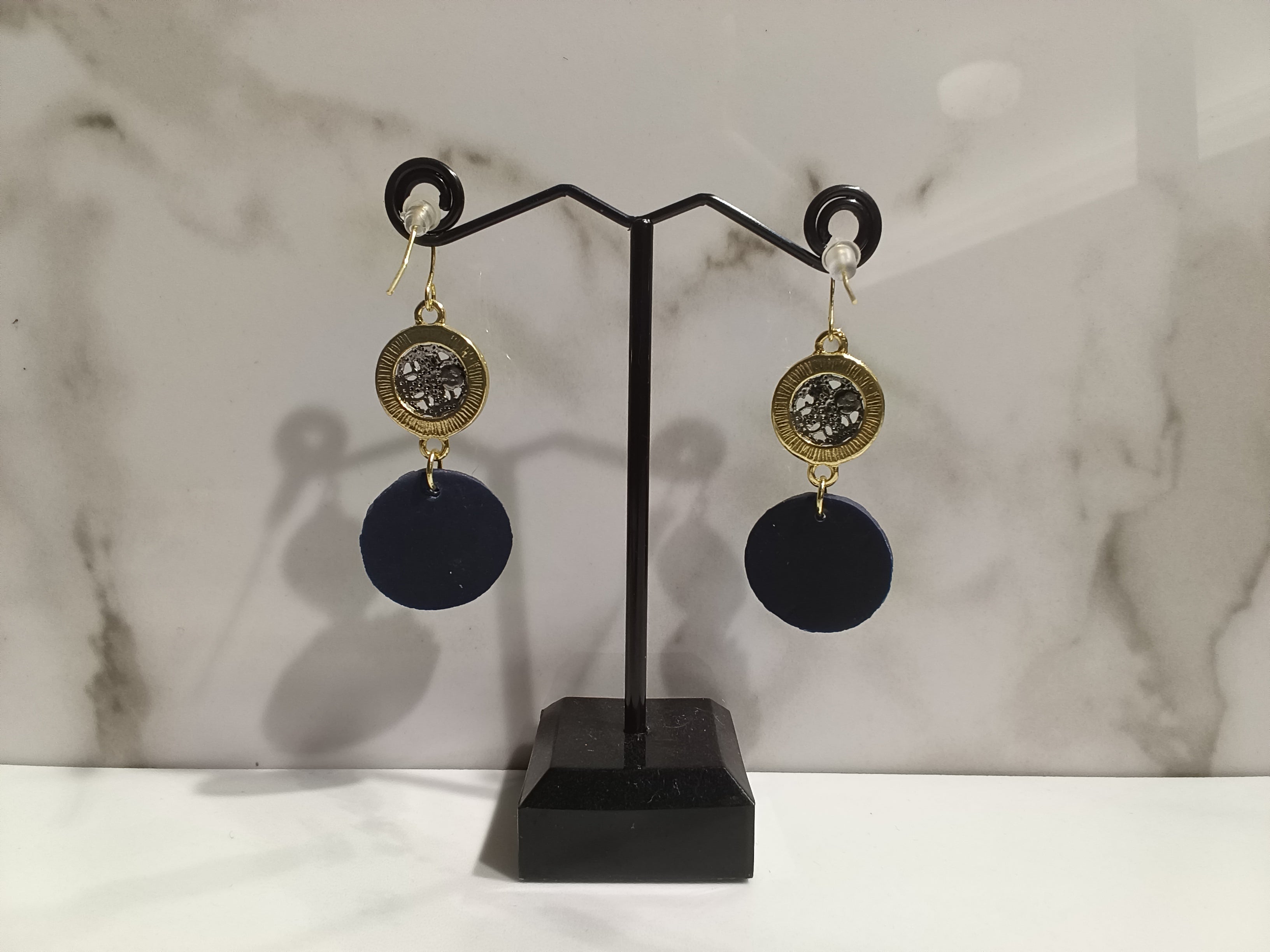 Dark Blue Knit Pattern Clay Earrings with Gold Accents