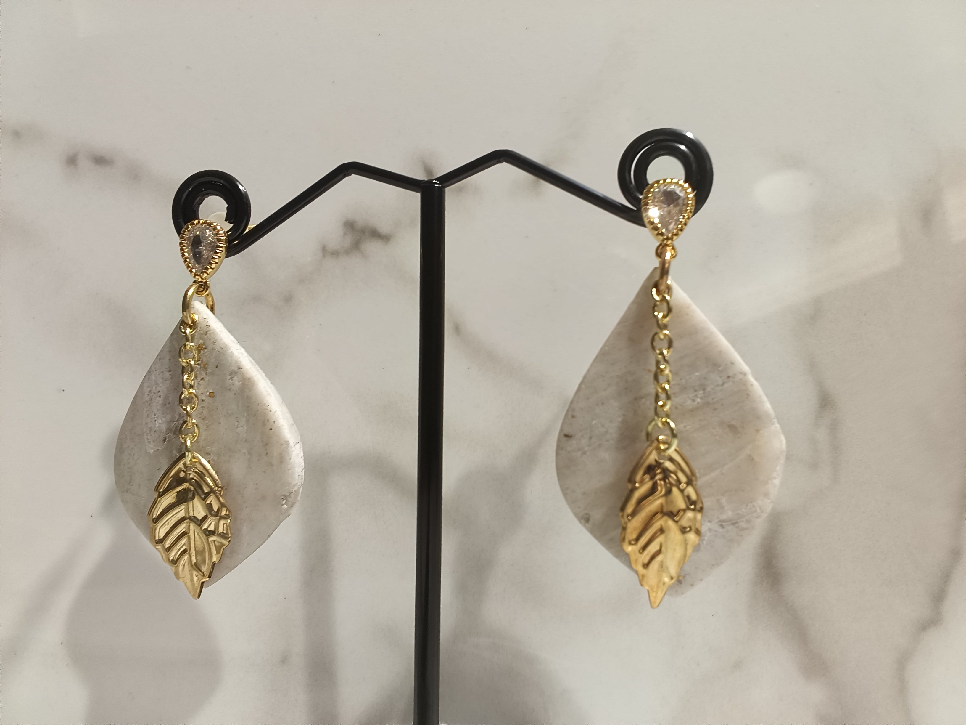 White Clay Teardrop Earrings with Gold Leaf Charm