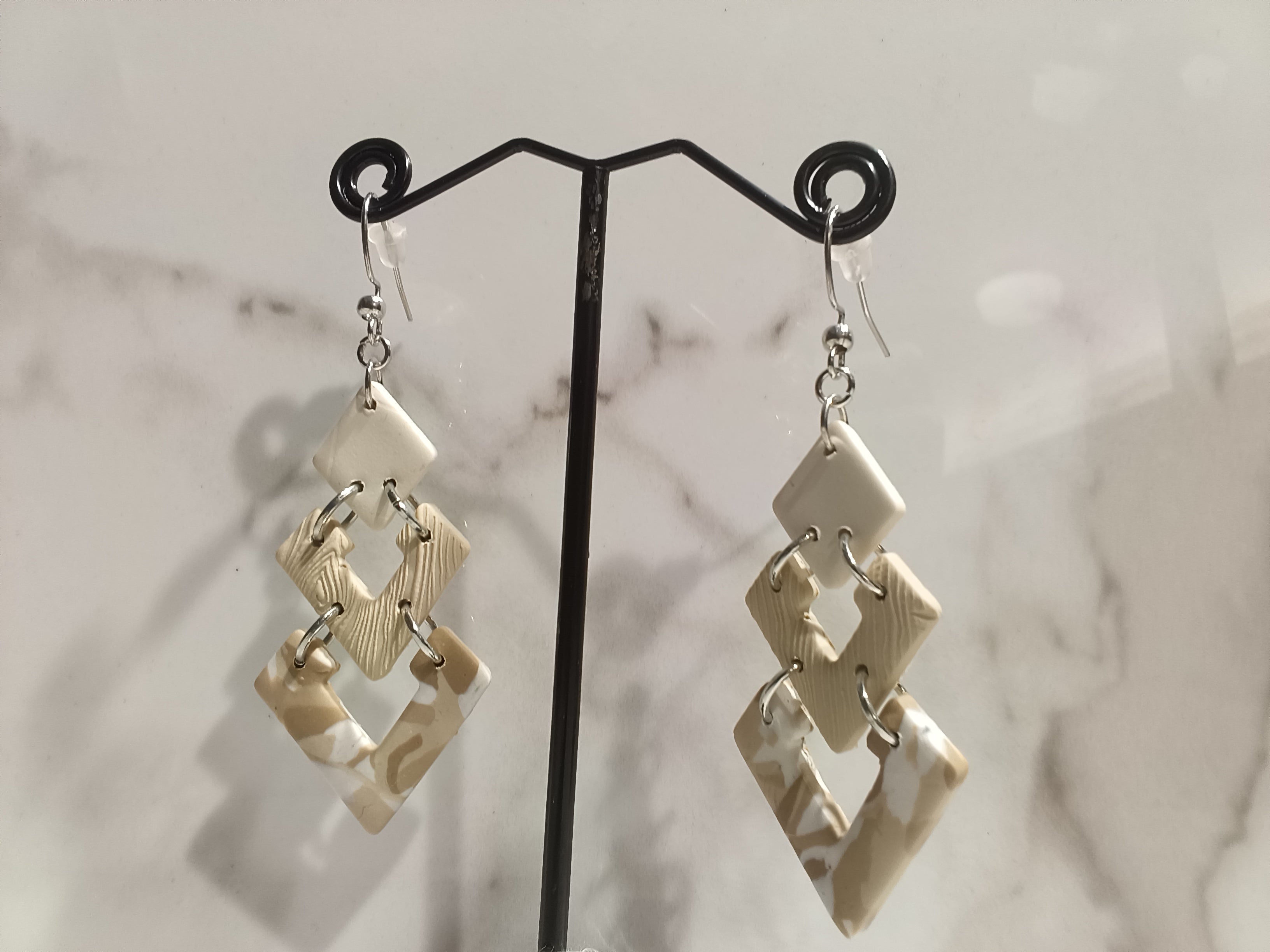 White and Gold Marble Clay Chandelier Earrings
