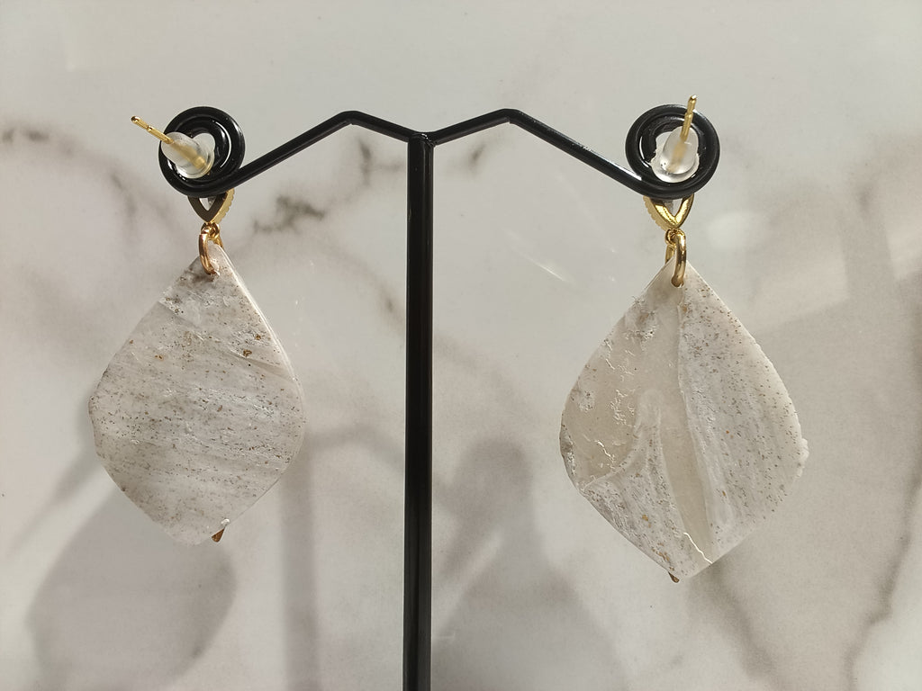 White Clay Teardrop Earrings with Gold Leaf Charm