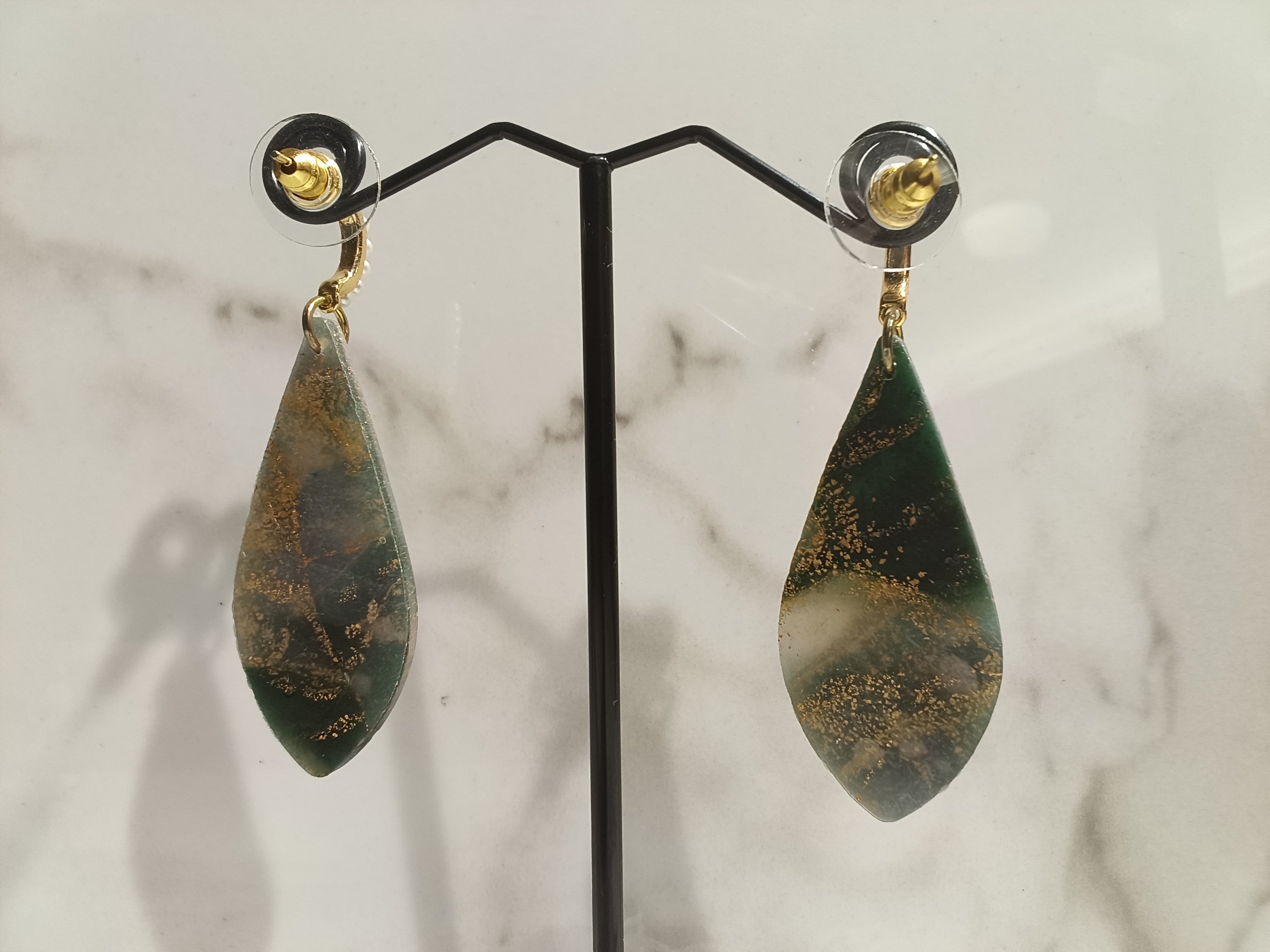 Green Marble Clay Earrings with Gold Glitter