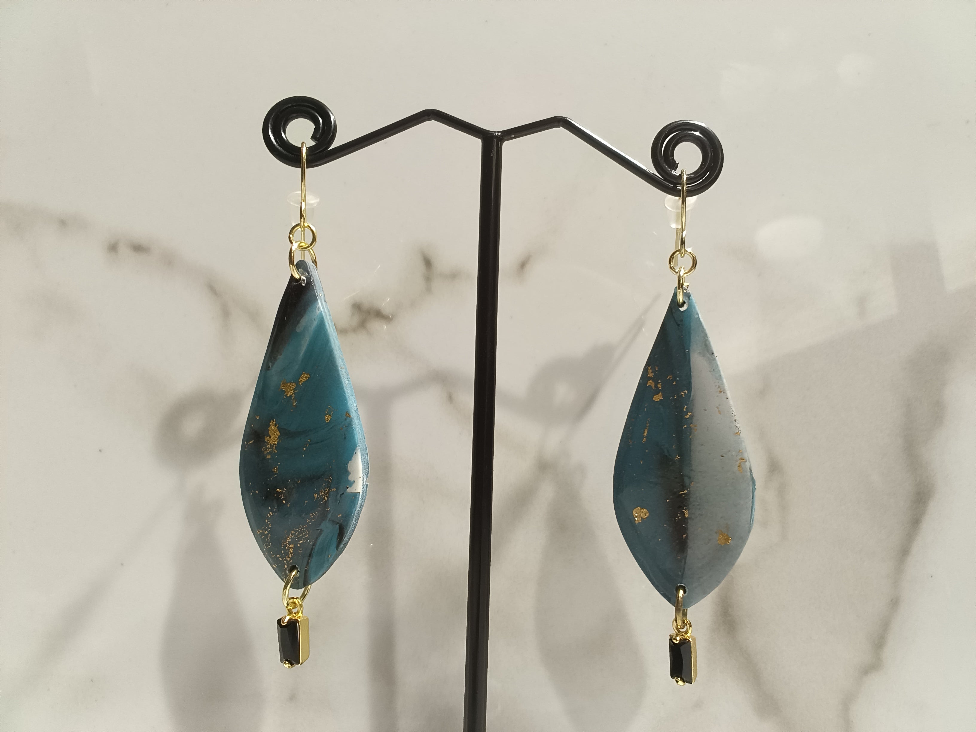 Teal Marble Clay Earrings with Gold Flakes and Crystal