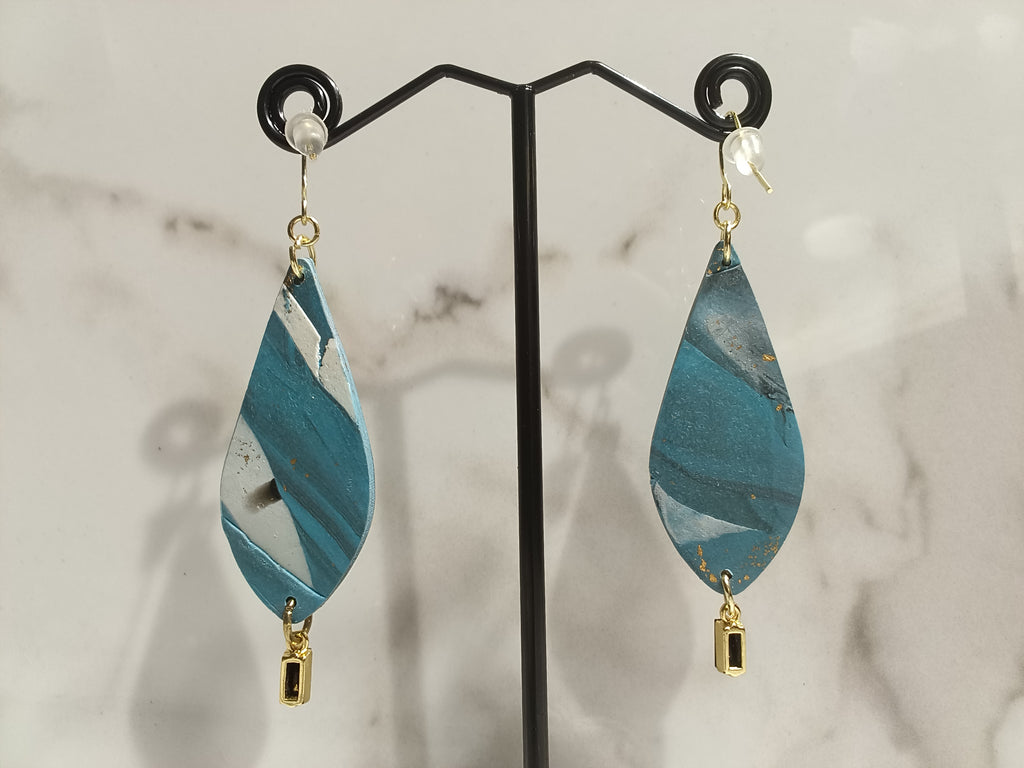 Teal Marble Clay Earrings with Gold Flakes and Crystal