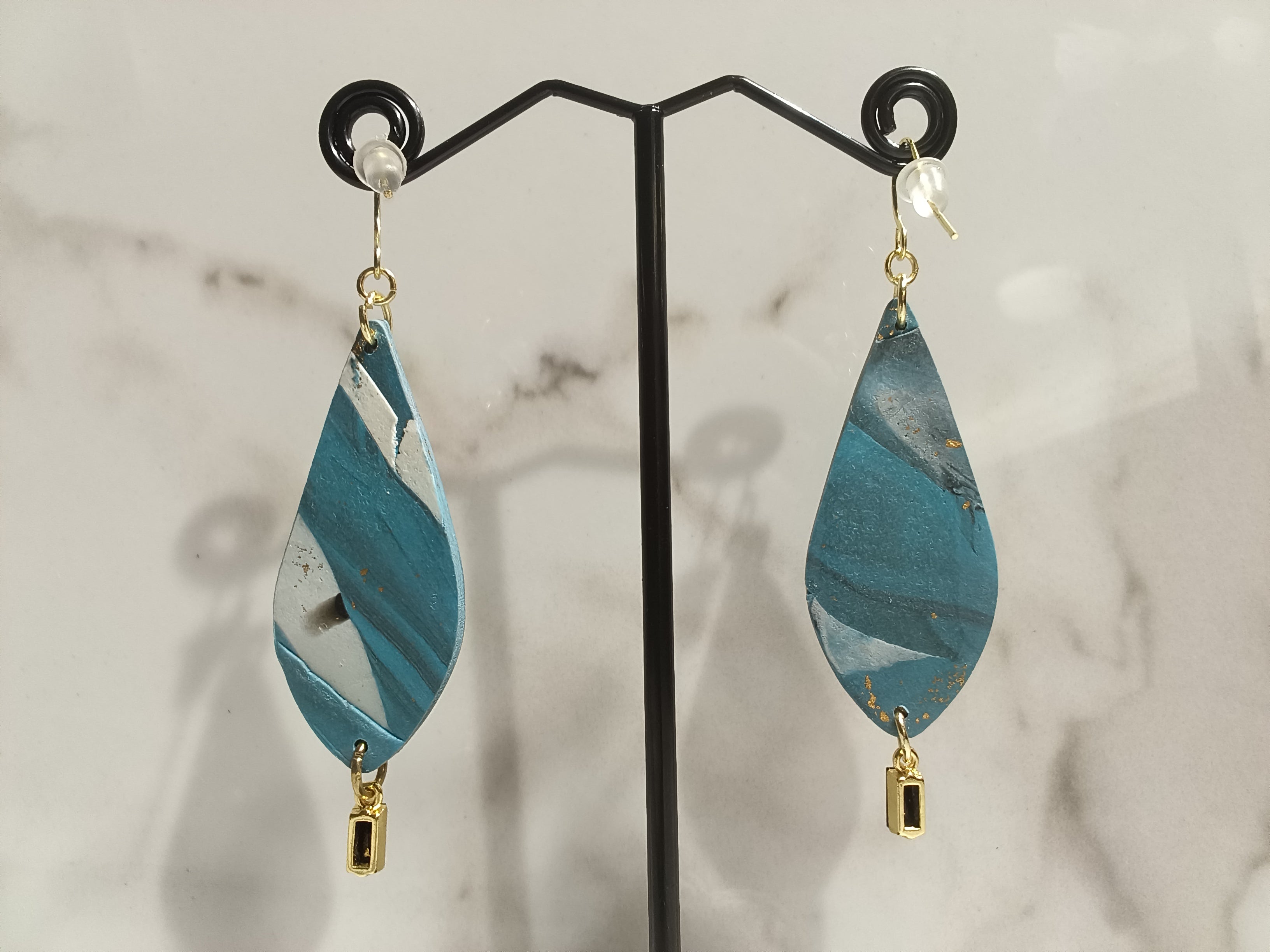 Teal Marble Clay Earrings with Gold Flakes and Crystal