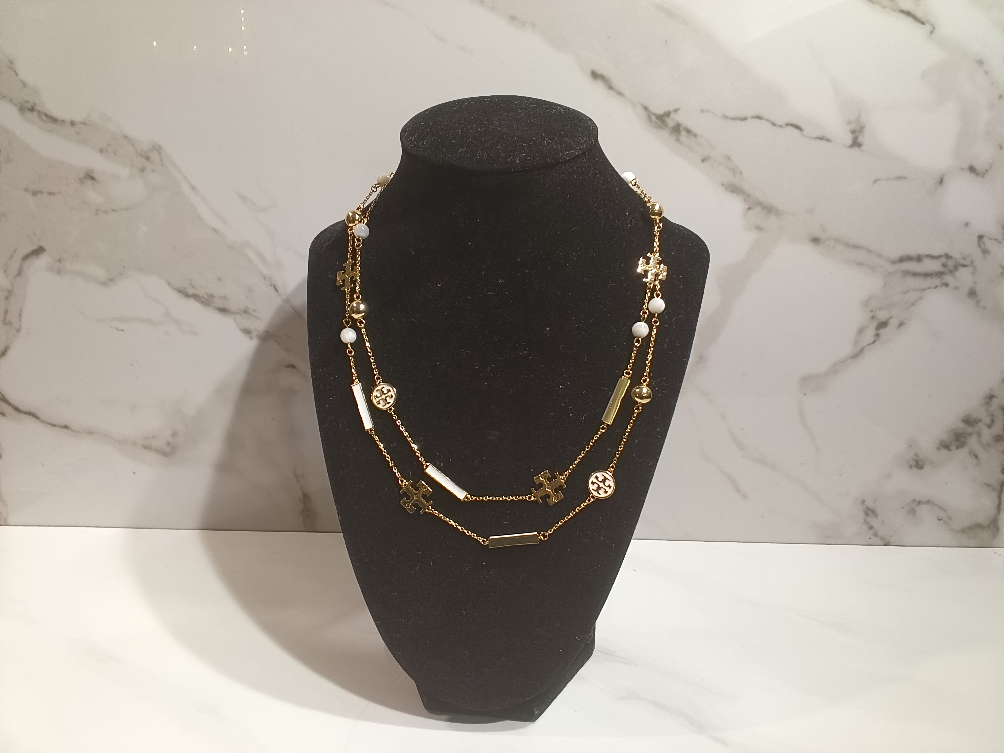 Tory Burch White Enamel Layered Station Necklace