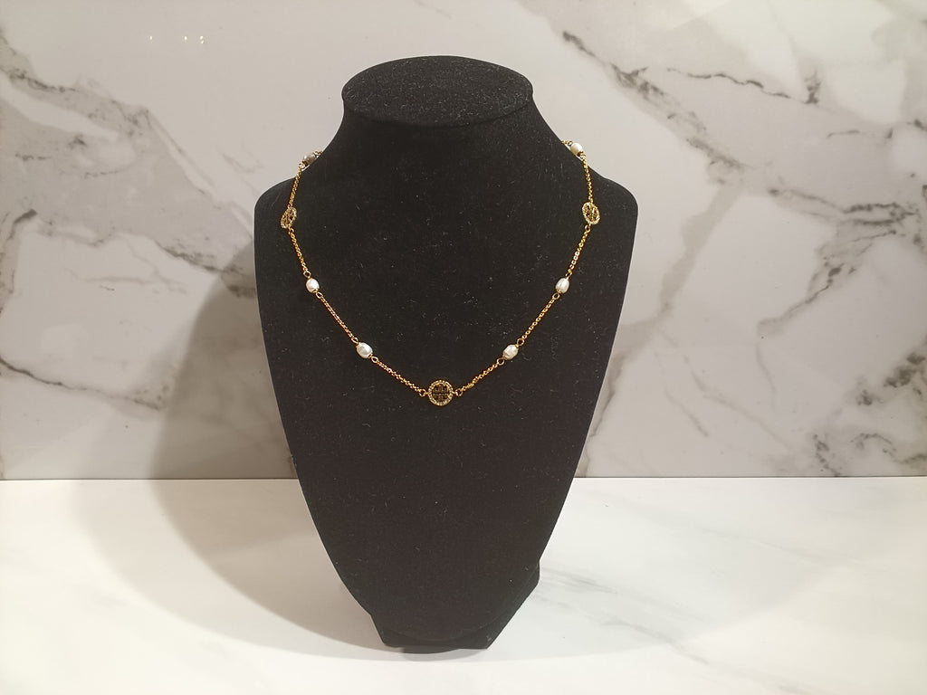 Tory Burch Gold Pavé and Pearl Station Necklace