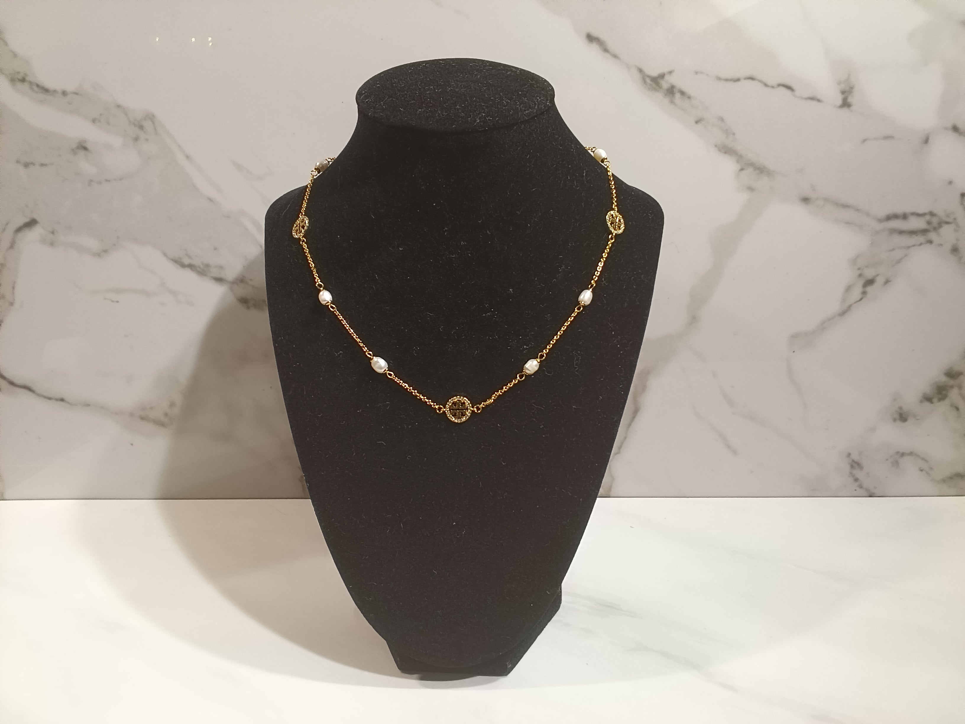 Tory Burch Gold Pavé and Pearl Station Necklace