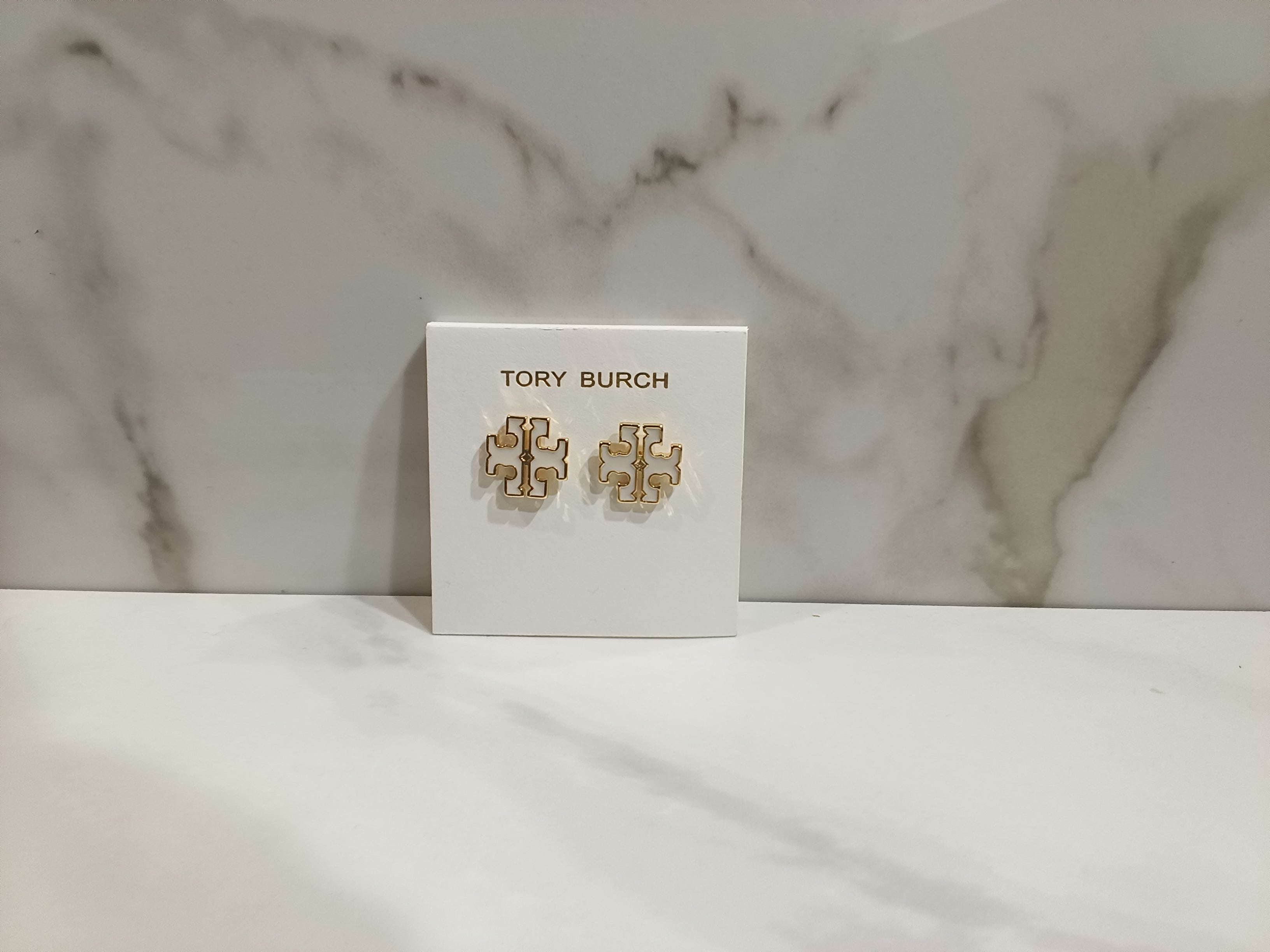 Tory Burch White Enamel Logo Stud Earrings