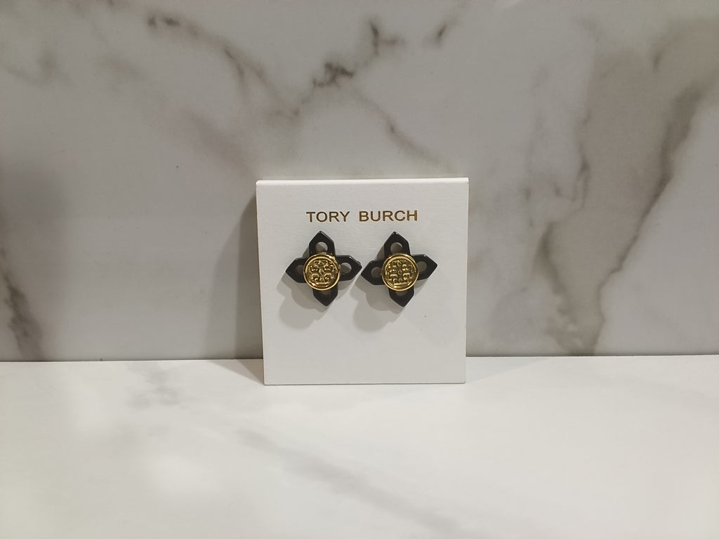 Tory Burch Black Flower Logo Stud Earrings