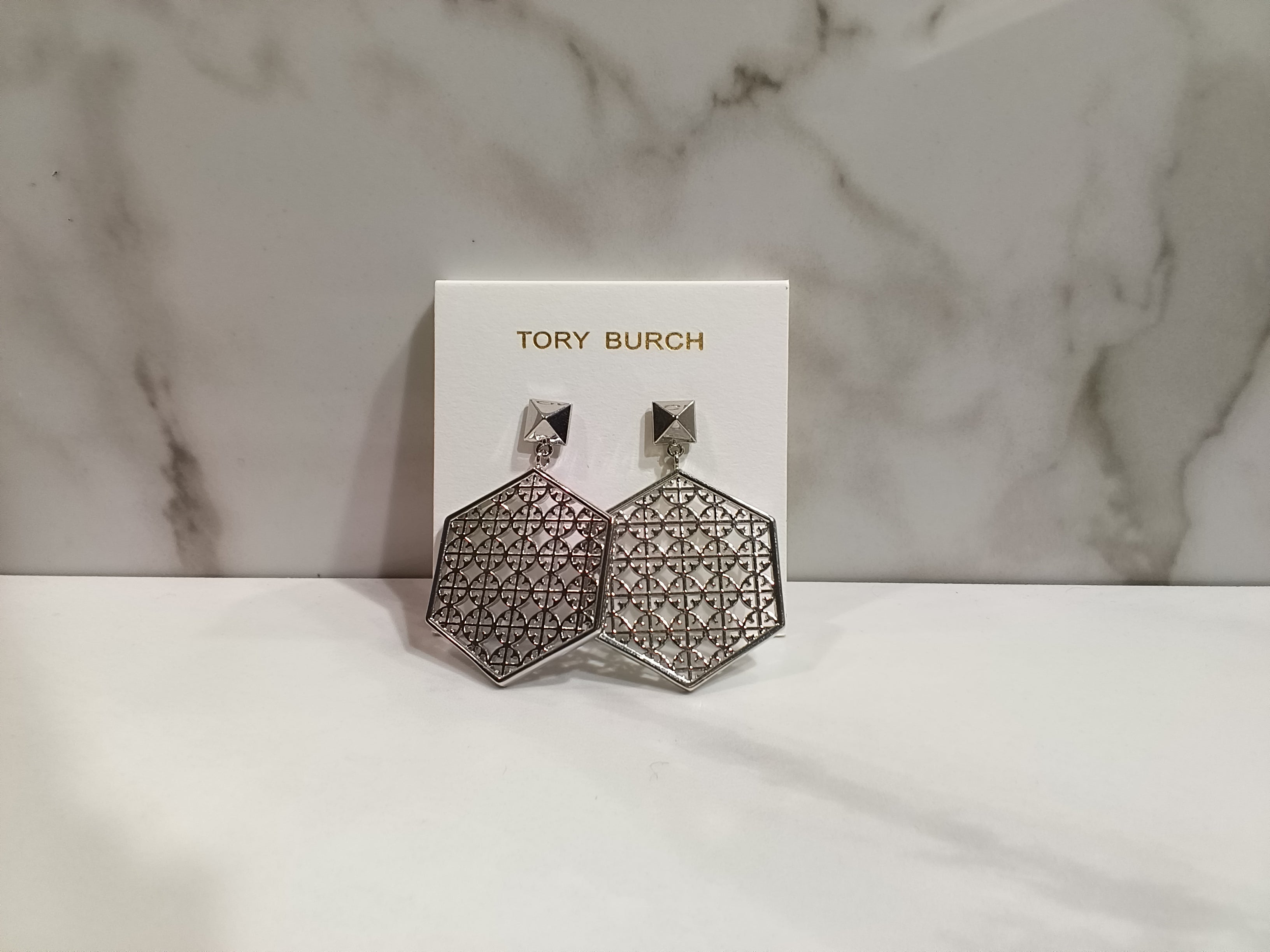 Tory Burch Silver Octagon Earrings
