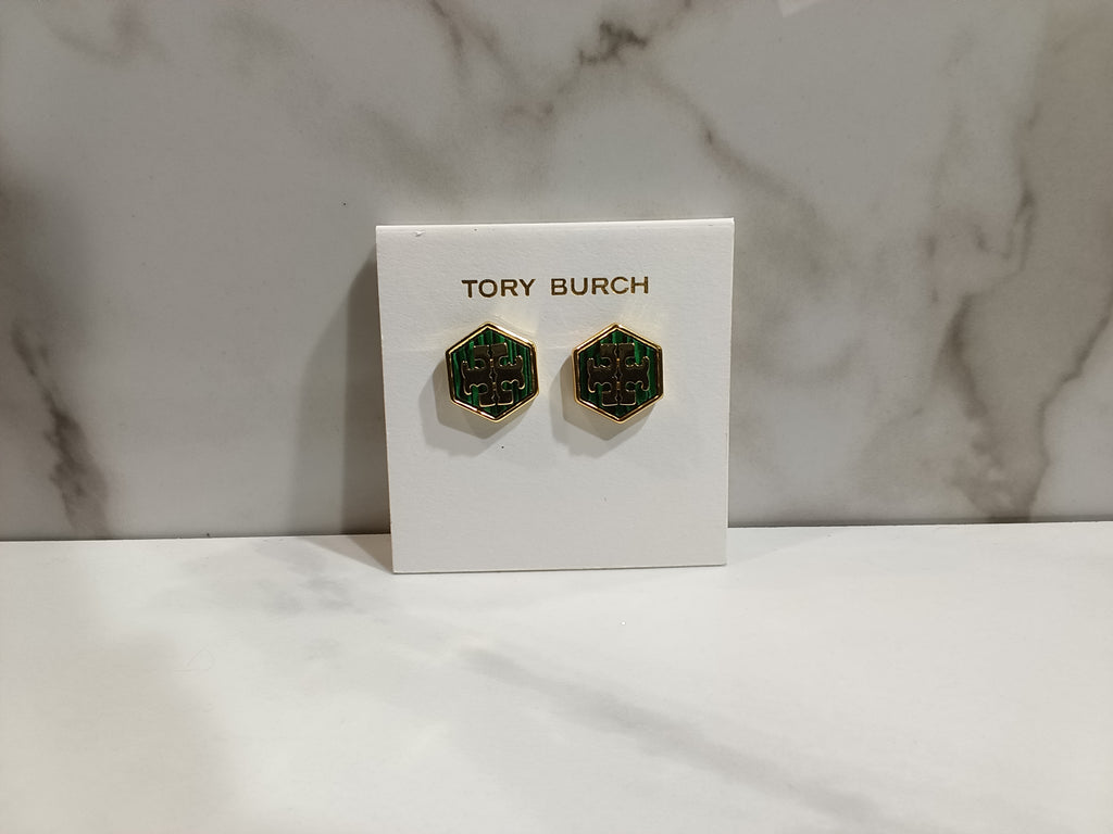 Tory Burch Green and Gold Hexagon Earrings