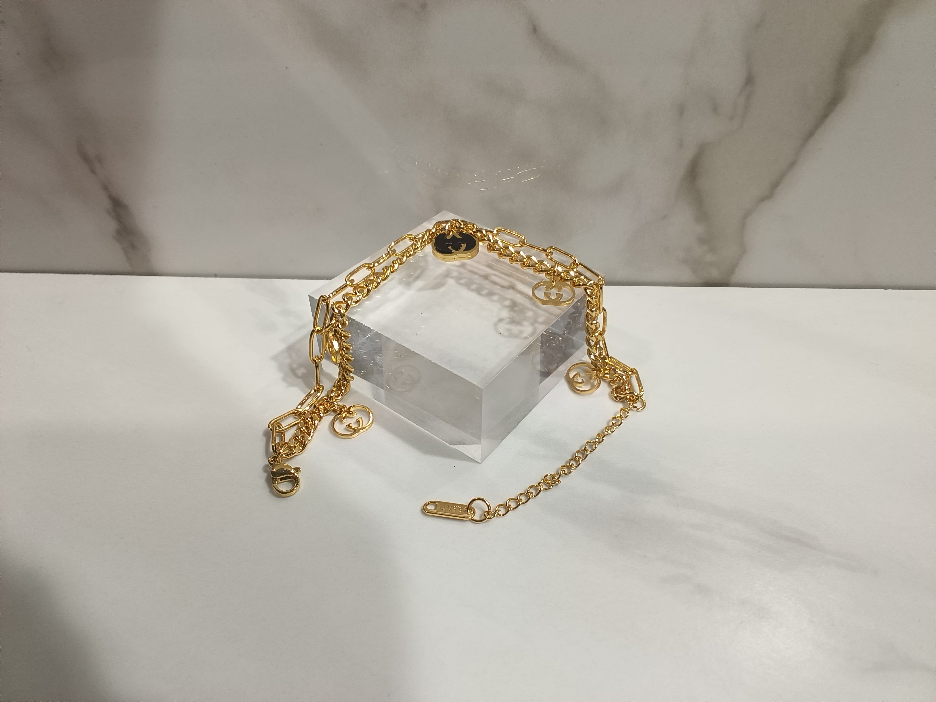 Chanel Gold Double Chain Bracelet with CC Charms