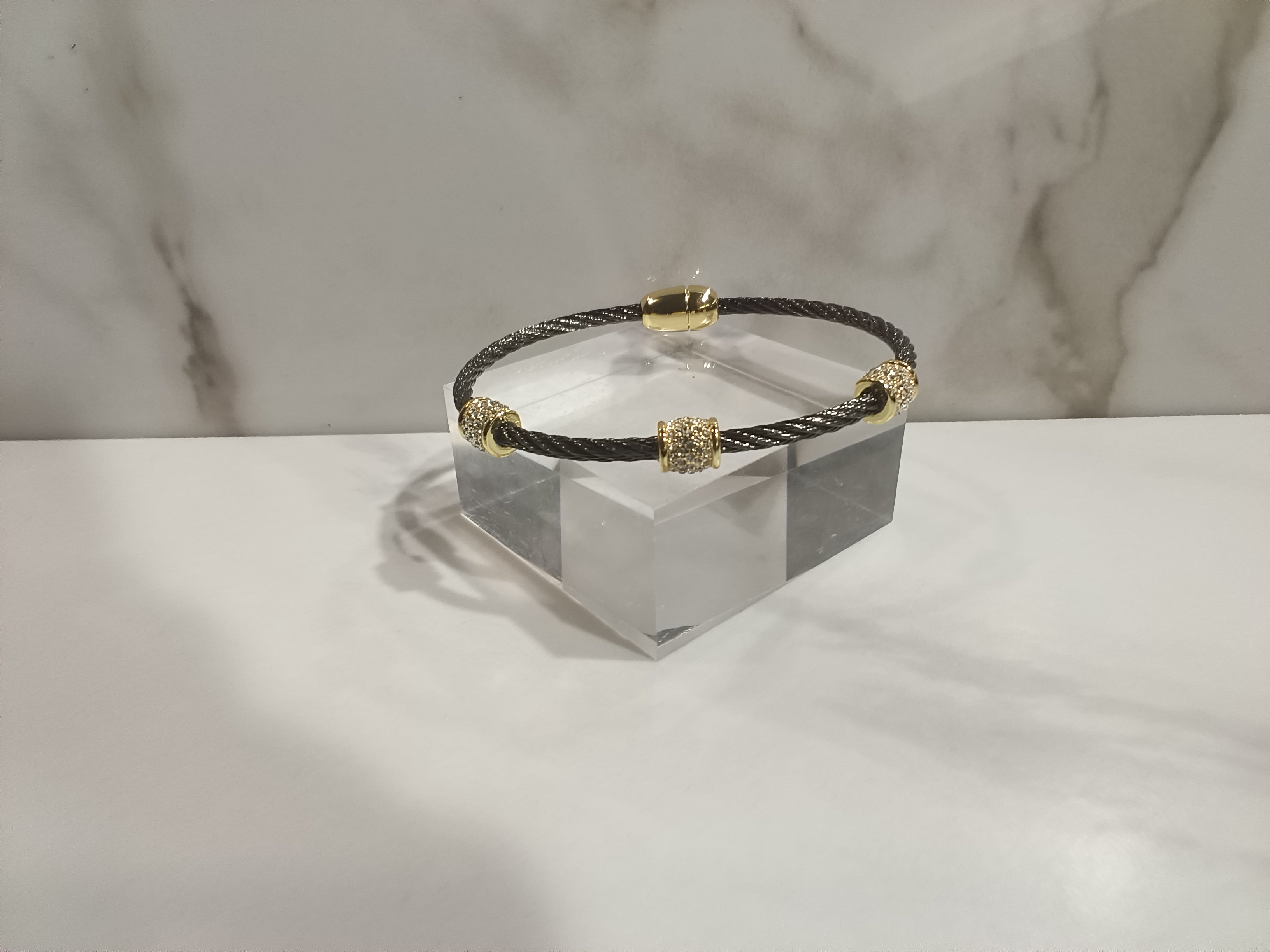 Two-Tone Twisted Rope Bracelet with Gold Pavé Charms & Magnetic Clasp