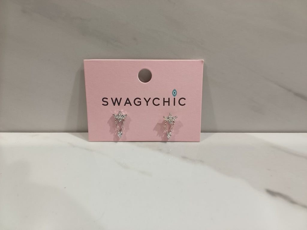 SwagyChic Silver Pavé Crown & Chain Drop Earrings