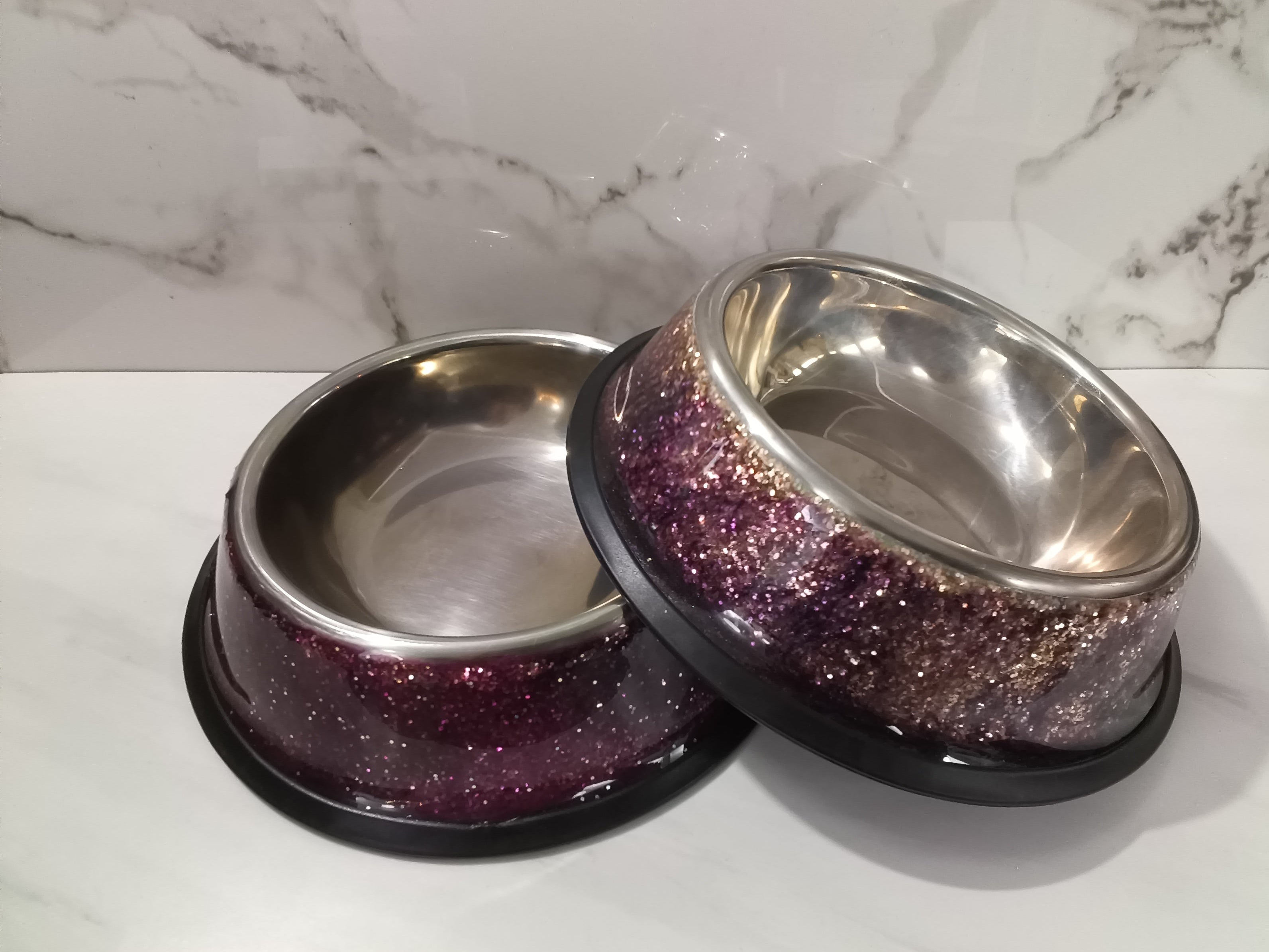 Handcrafted Purple & Gold Glitter Epoxy Dog Bowl Set | 7" x 7"