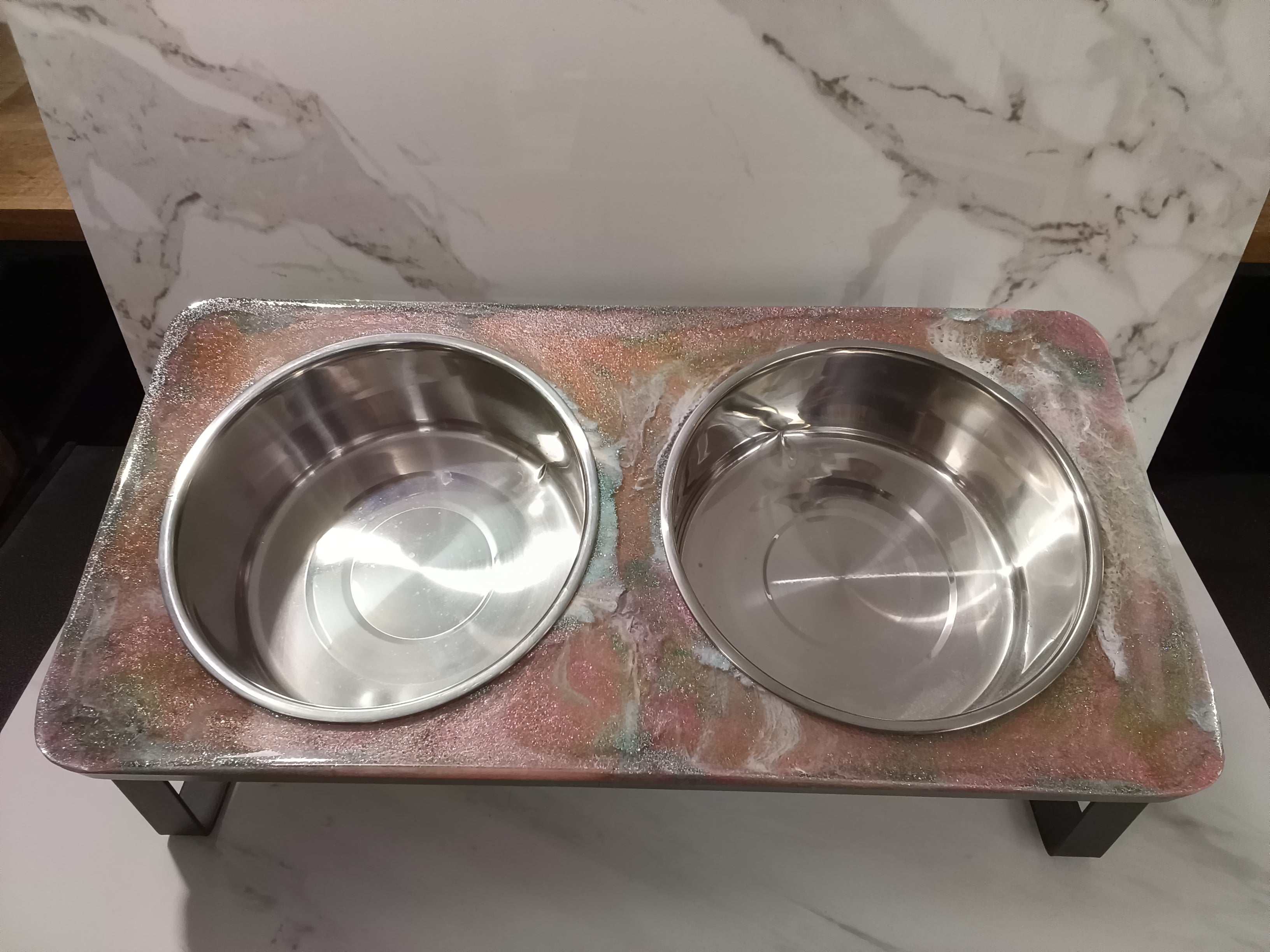 Handcrafted Neutral Rose Gold Glitter Epoxy Elevated Dog Bowl Feeding Station | 15" x 7"