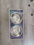 Handcrafted Purple Teal Galaxy Epoxy Elevated Dog Bowl Feeding Station | 21" x 9½"