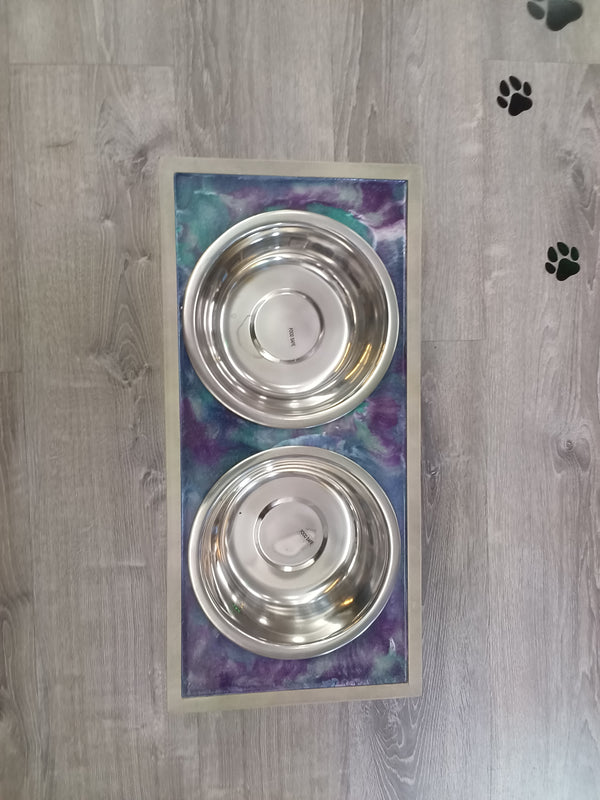 Handcrafted Purple Teal Galaxy Epoxy Elevated Dog Bowl Feeding Station | 21" x 9½"