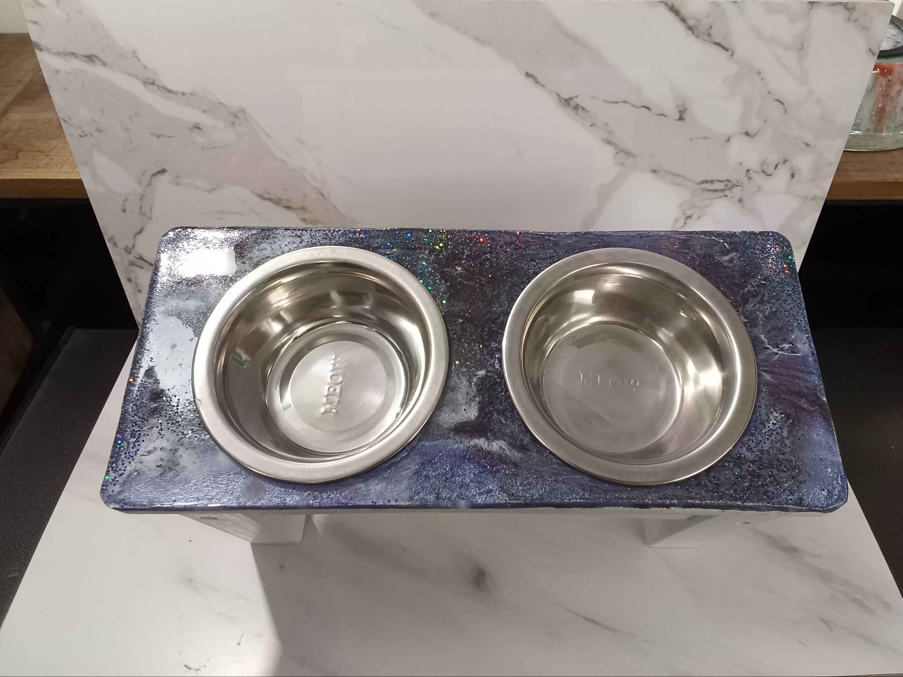 Handcrafted Navy Galaxy Holographic Glitter Epoxy Elevated Dog Bowl Feeding Station | 13" x 5"