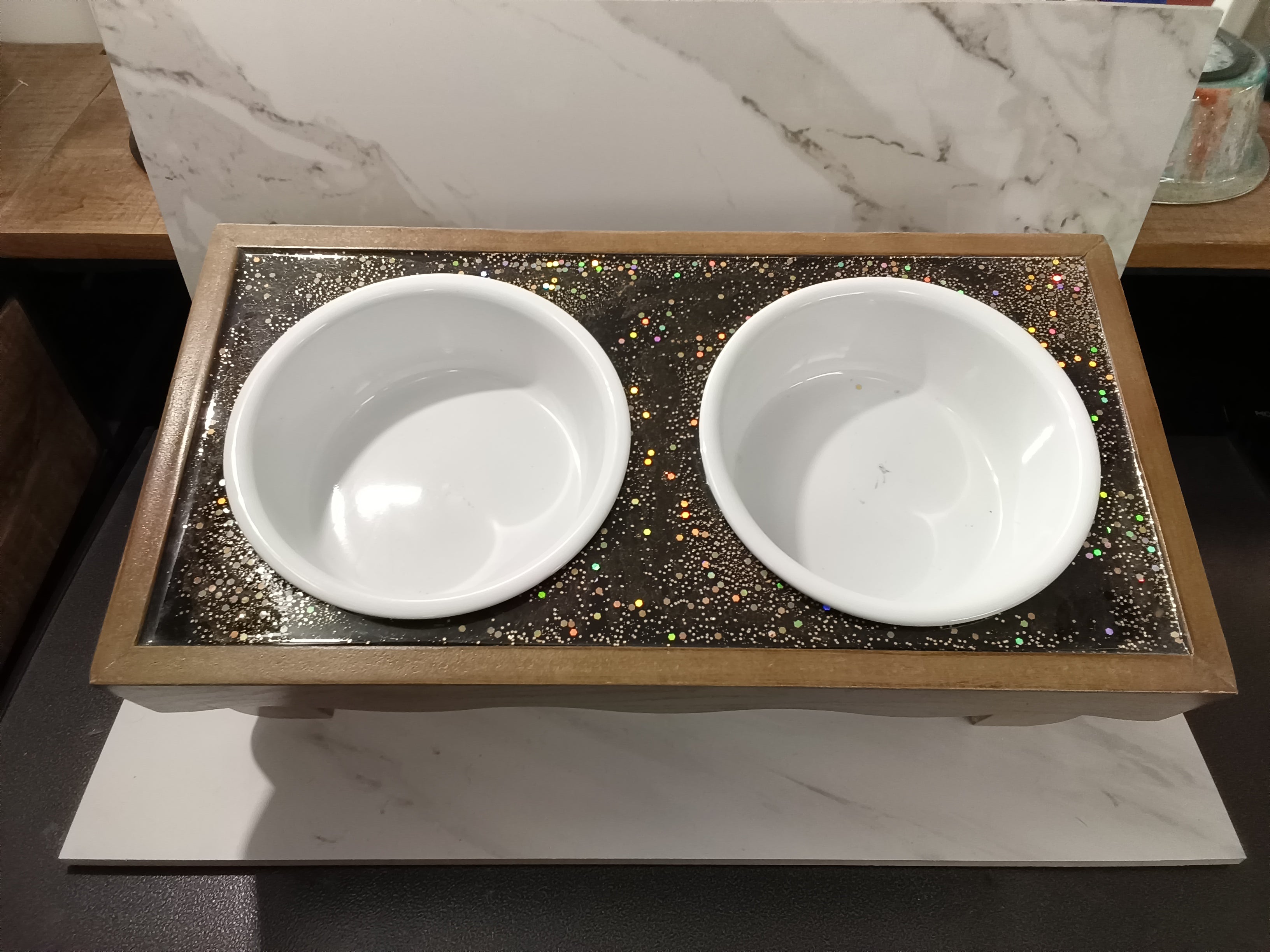 Handcrafted Black Galaxy Glitter Epoxy Elevated Dog Bowl Feeding Station | 16½" x 8"
