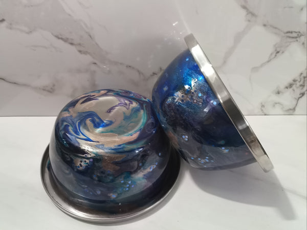 Handcrafted Deep Blue Galaxy Swirl Epoxy Dog Bowl Set