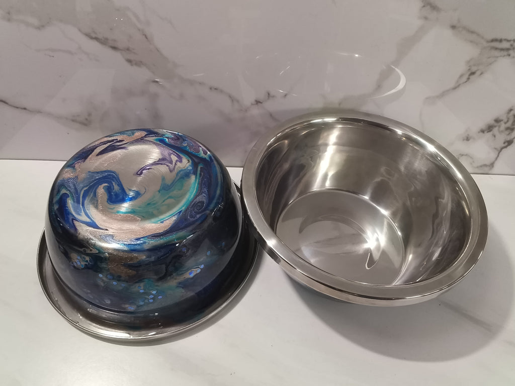 Handcrafted Deep Blue Galaxy Swirl Epoxy Dog Bowl Set