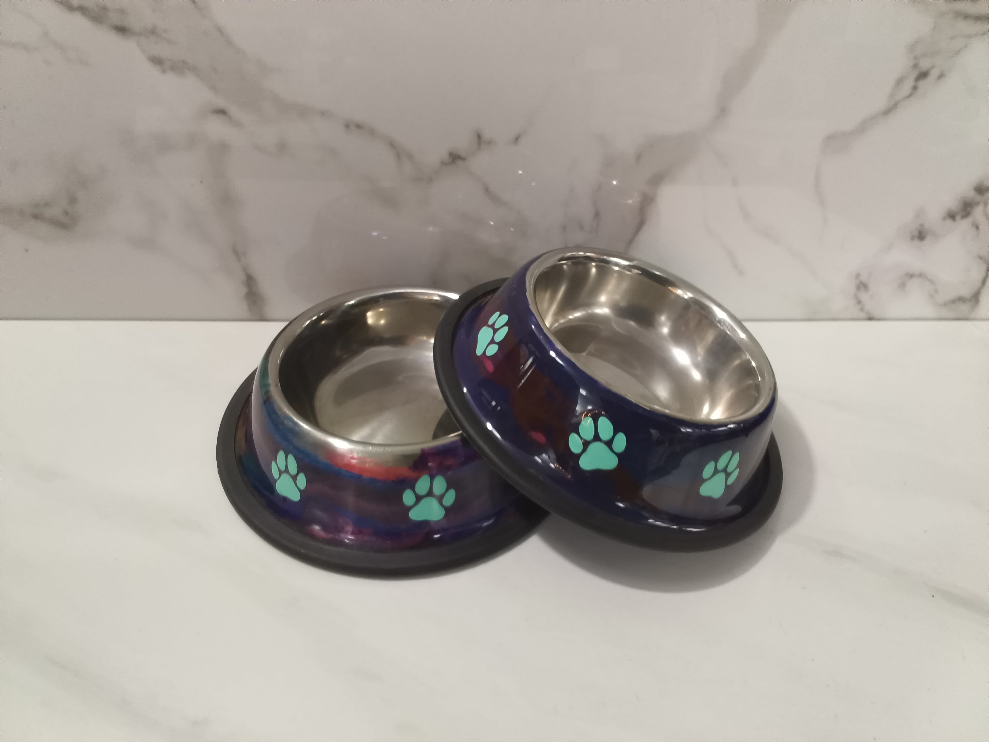 Handcrafted Navy Epoxy Paw Print Dog Bowl Set | Small