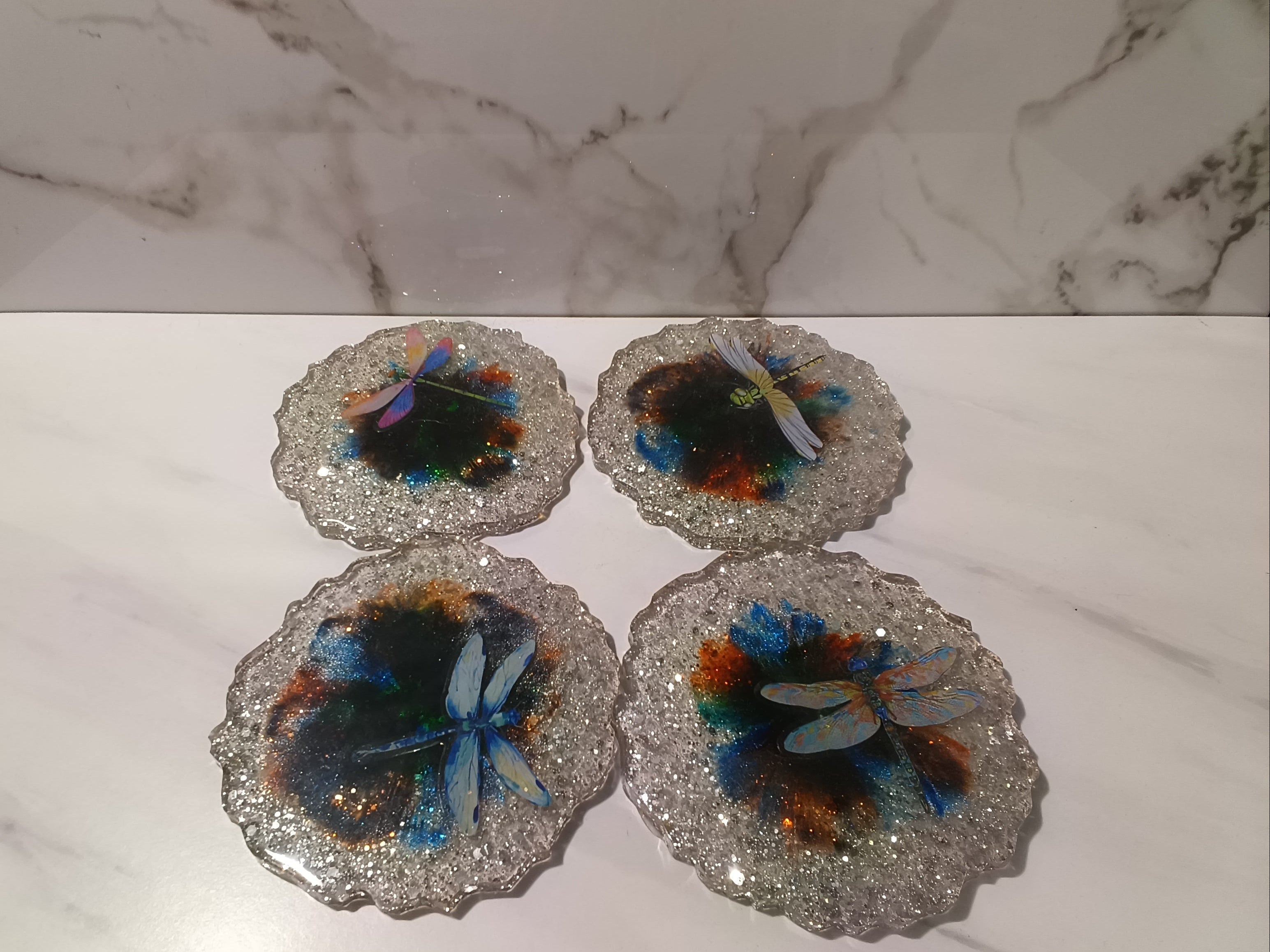 Handcrafted Dragonfly Galaxy Geode Epoxy Coaster Set | Set of 4