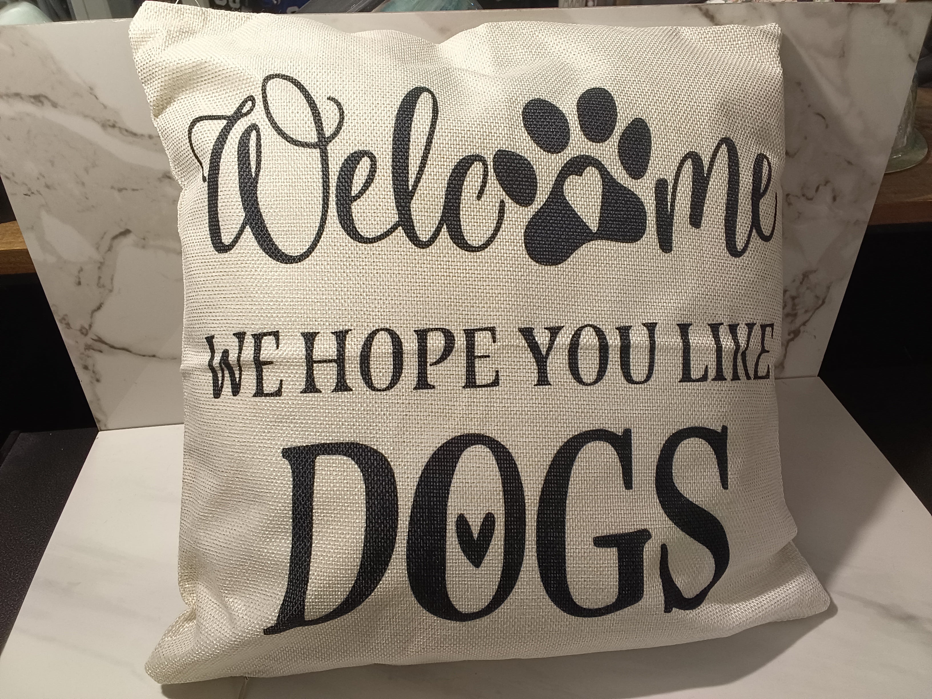 "Welcome, We Hope You Like Dogs" Burlap Throw Pillow