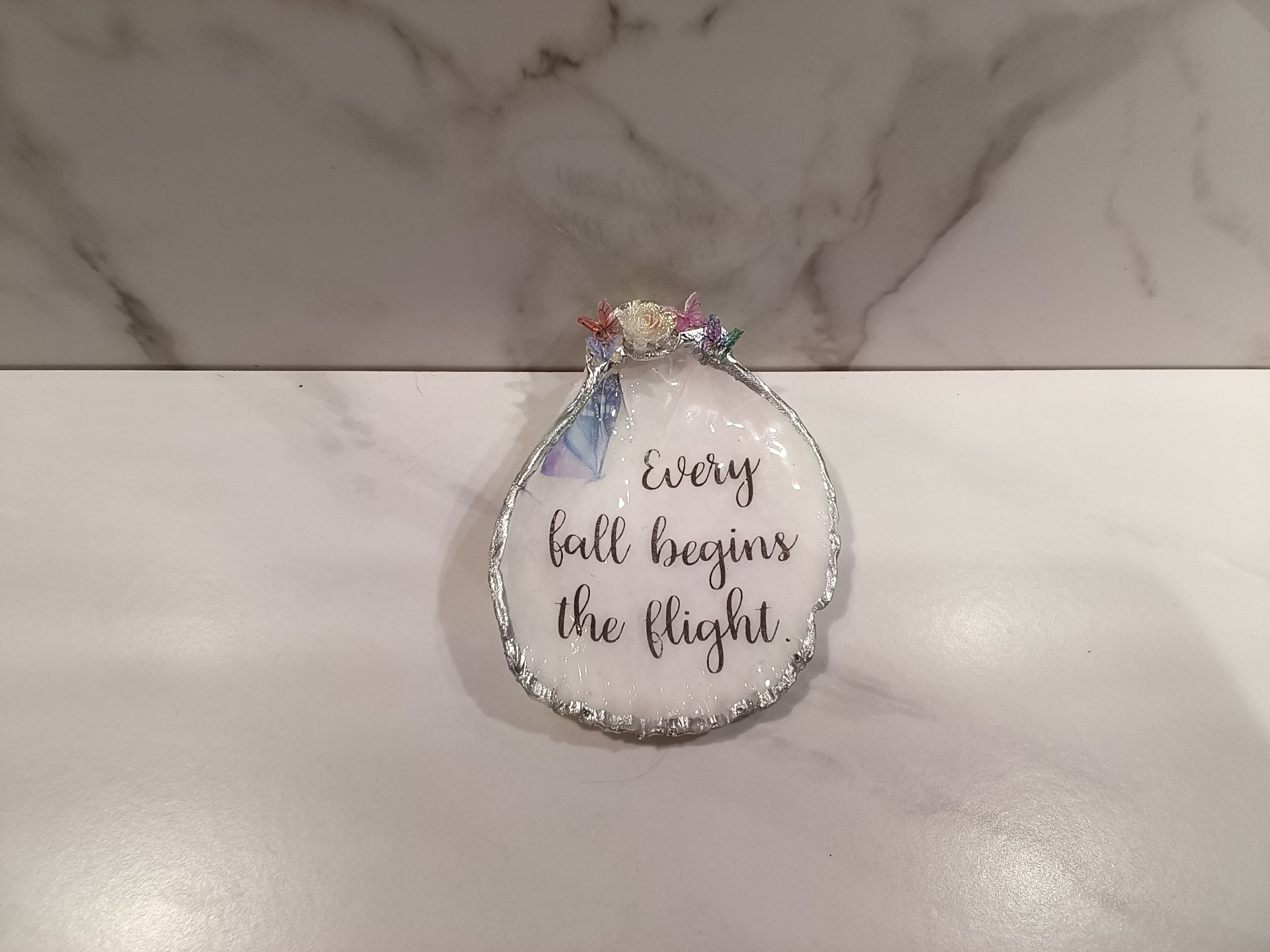 "Every Fall Begins the Flight" Inspirational Decorated Seashell