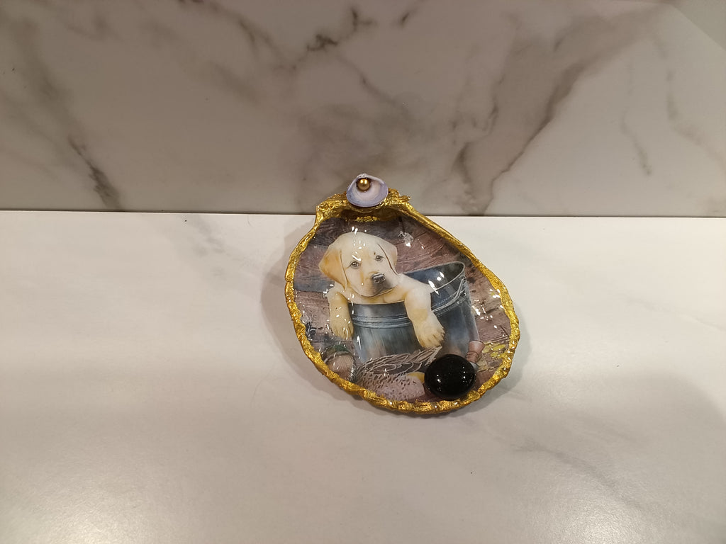 Puppy in a Bucket Oyster Shell Dish with Gold Trim