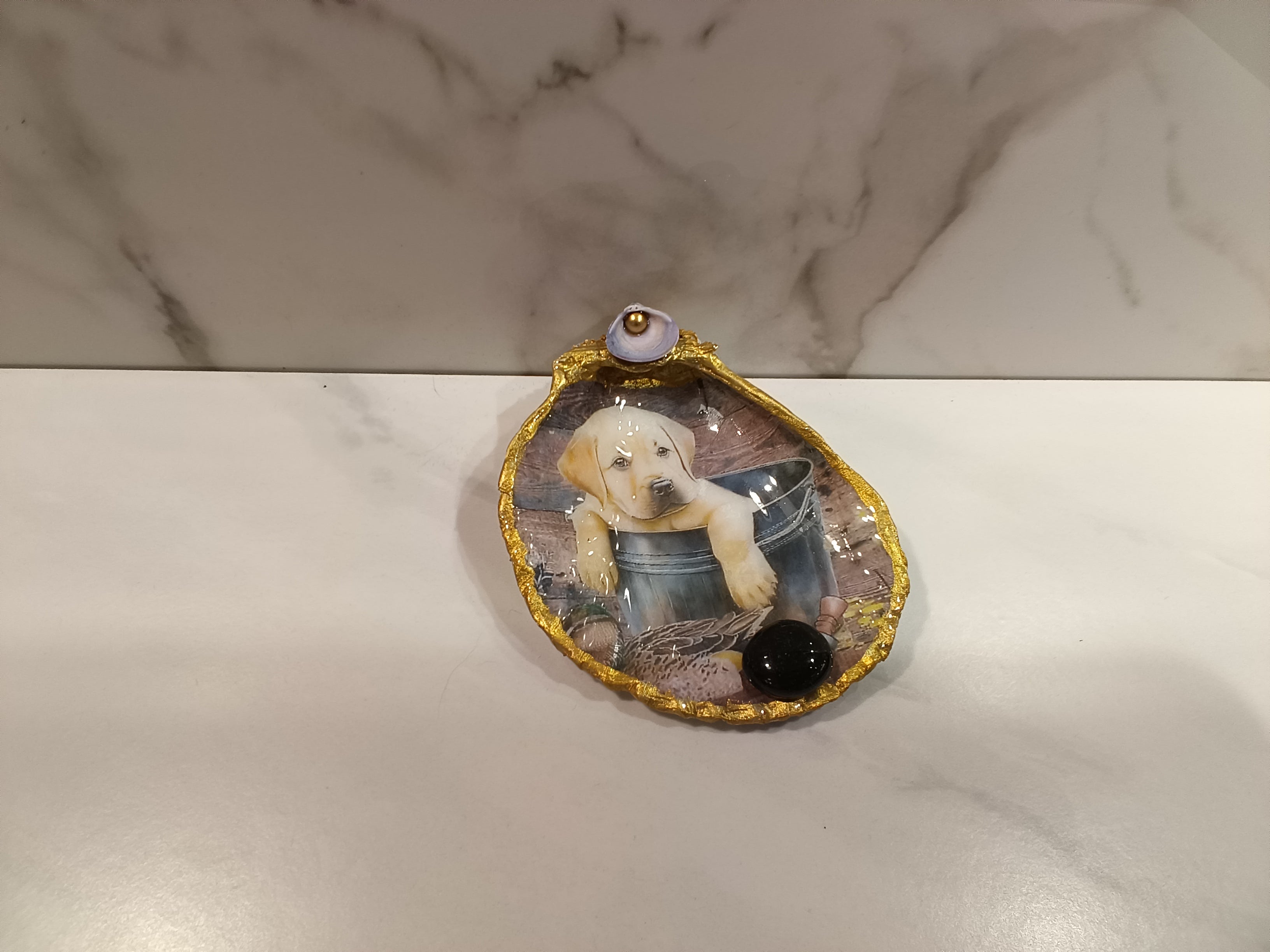Puppy in a Bucket Oyster Shell Dish with Gold Trim