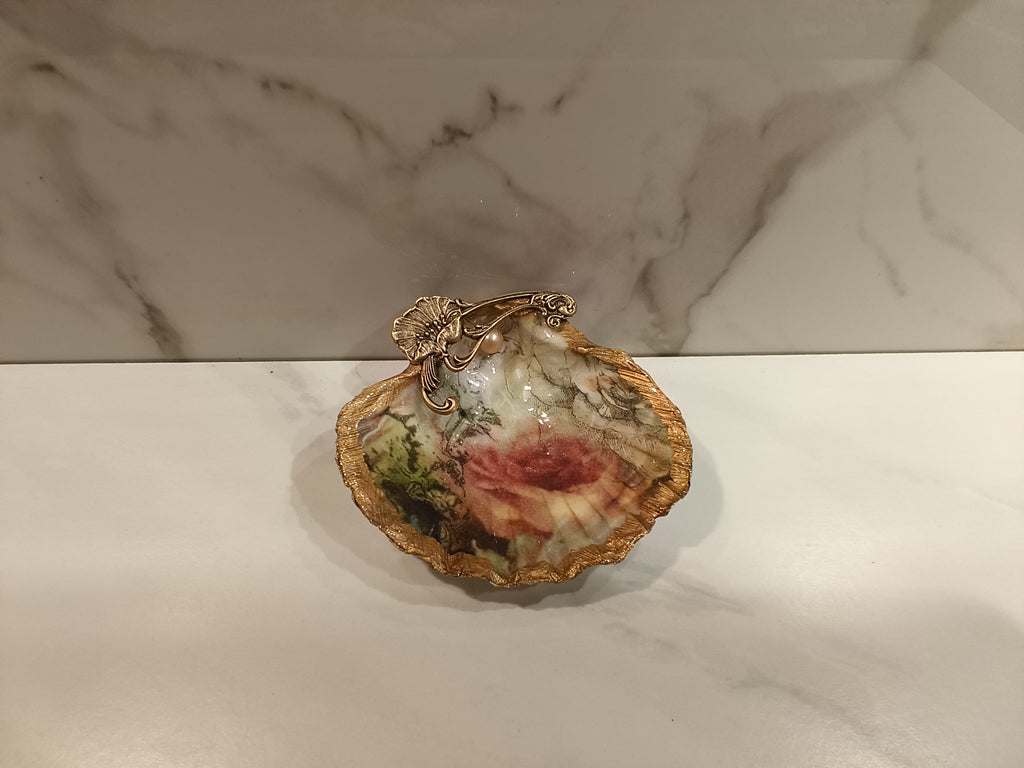 Pink Rose Oyster Shell Dish with Gold Trim & Filigree Charm