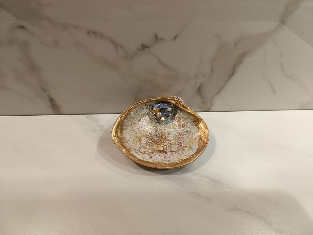 Gold Lace Oyster Shell Trinket Dish with Pearl & Sapphire Accent