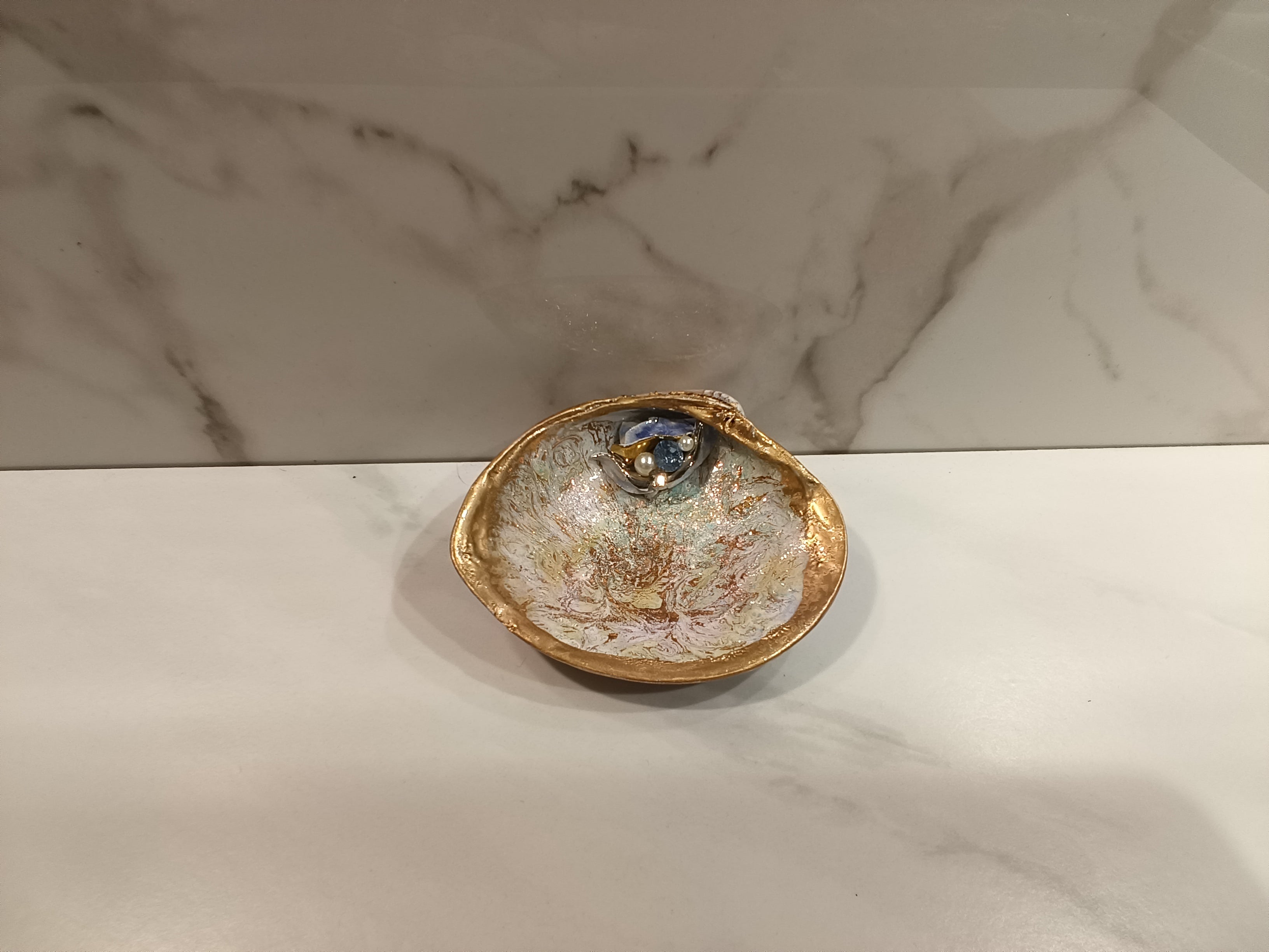 Gold Lace Oyster Shell Trinket Dish with Pearl & Sapphire Accent