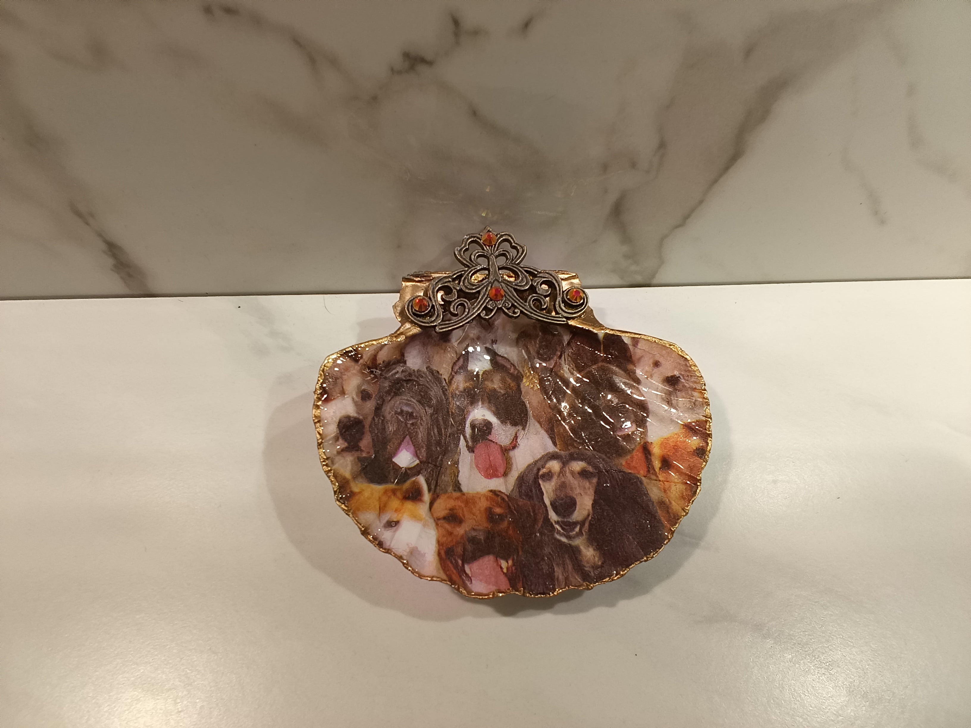 Dog Lover Scallop Shell Dish with Gold Trim & Filigree Clasp