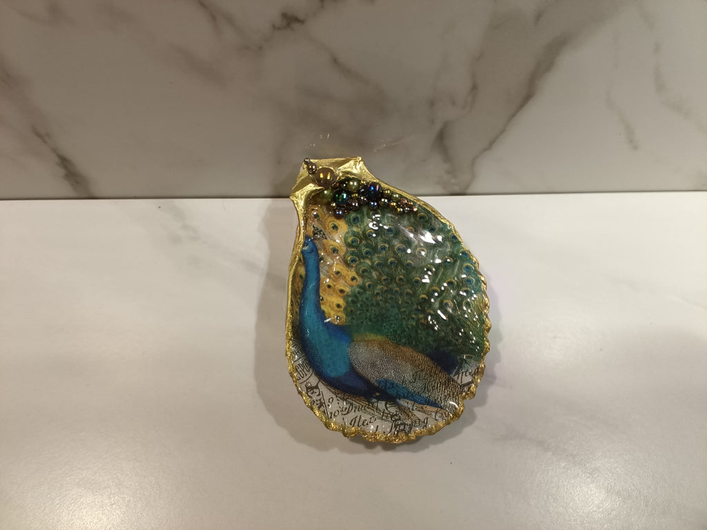 Peacock Oyster Shell Dish with Gold Trim & Iridescent Bead Accents