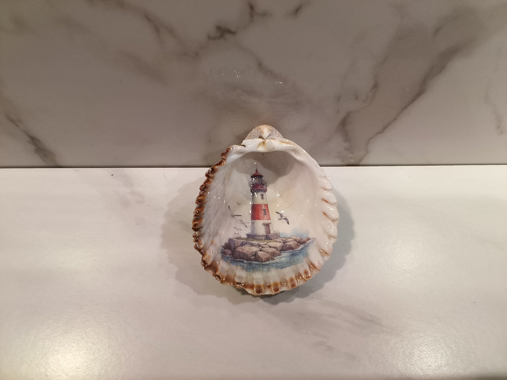 Lighthouse Scallop Shell Dish with Gold Trim