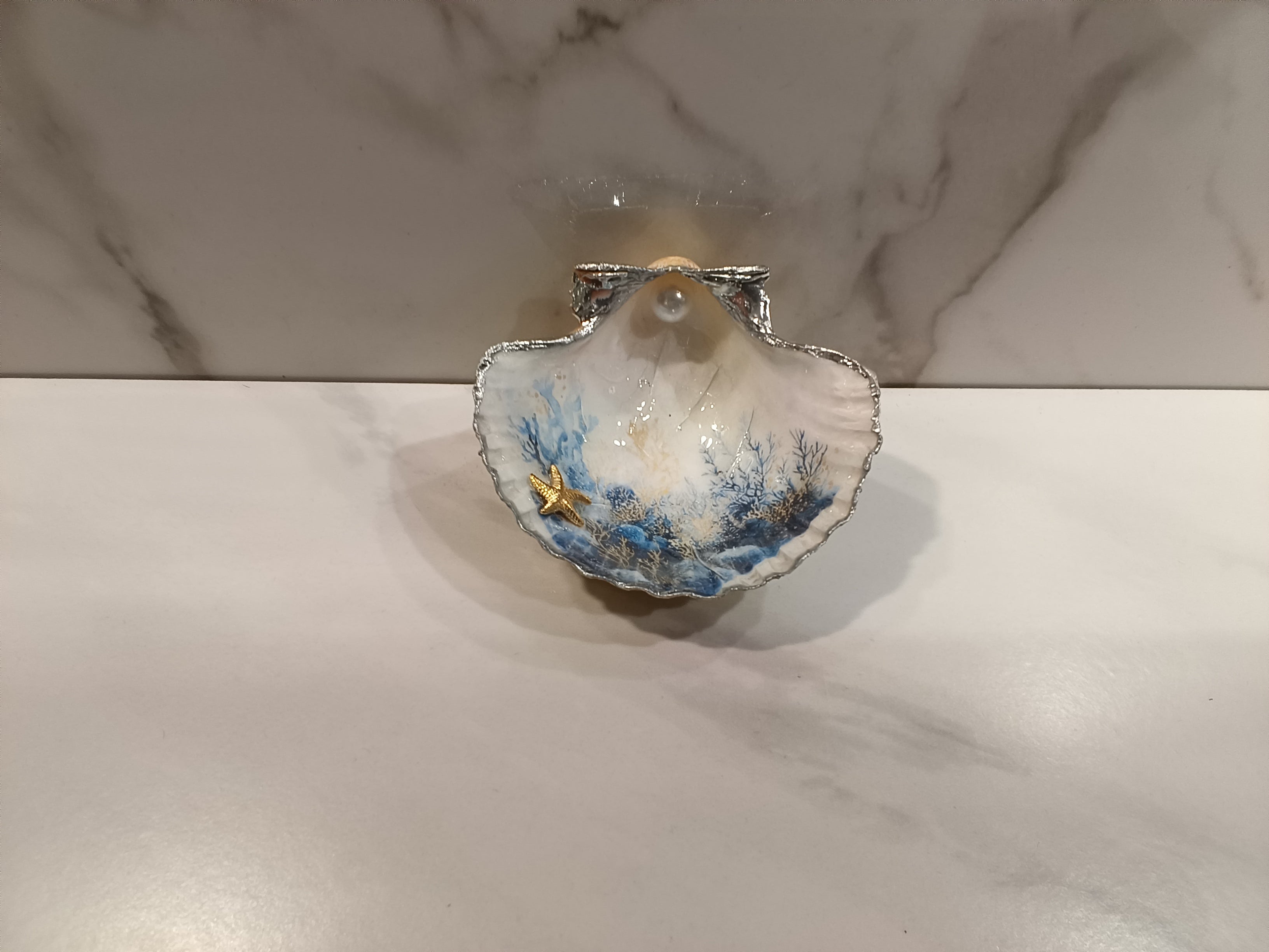 Ocean Reef Scallop Shell Dish with Silver Trim & Gold Starfish Accent