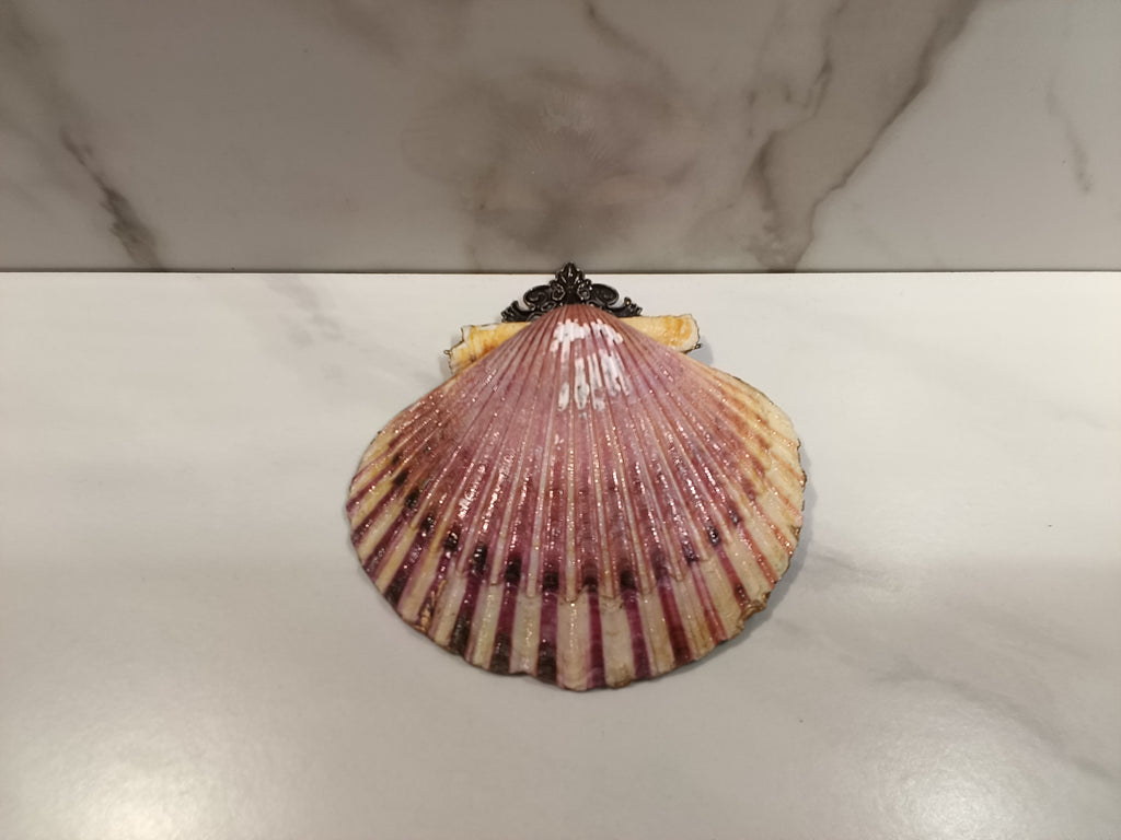 Red Poppy Bouquet Oyster Shell Dish with Gold Trim & Ruby Filigree Clasp