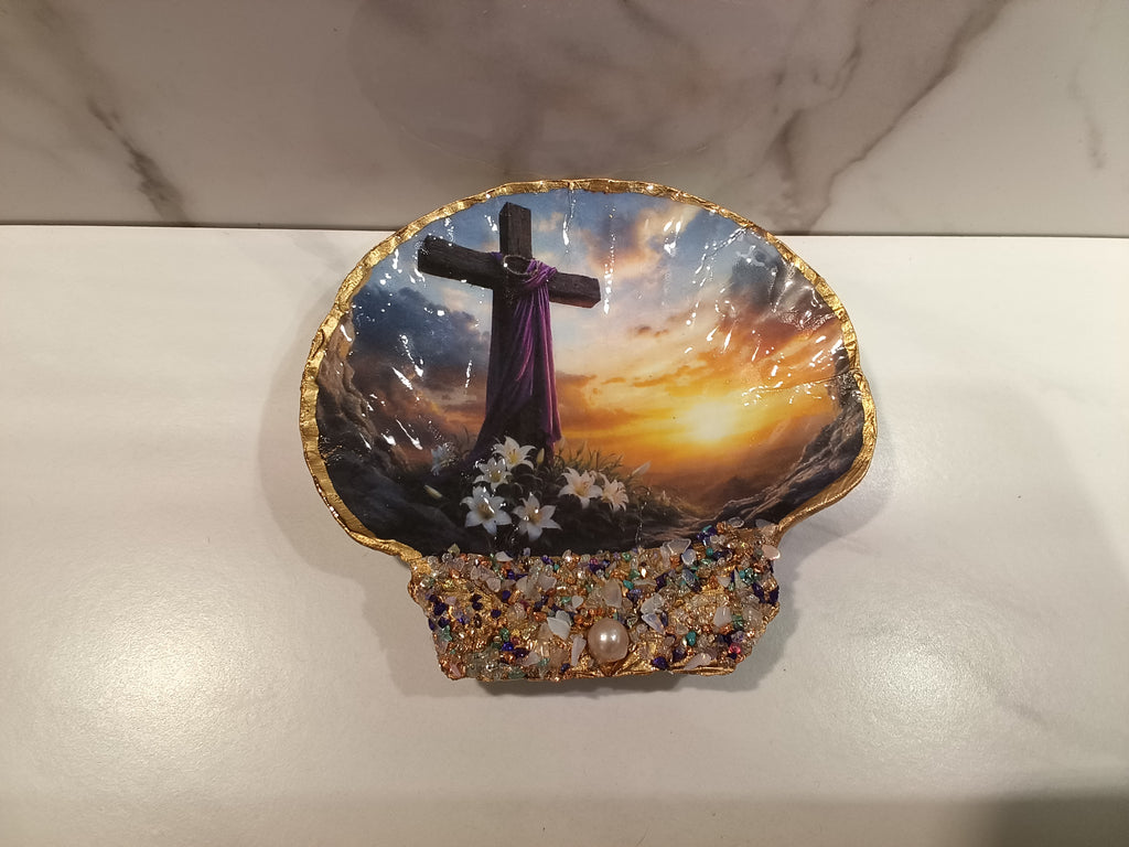 Faith Cross Sunset Scallop Shell Dish with Gold Trim & Jewel Base
