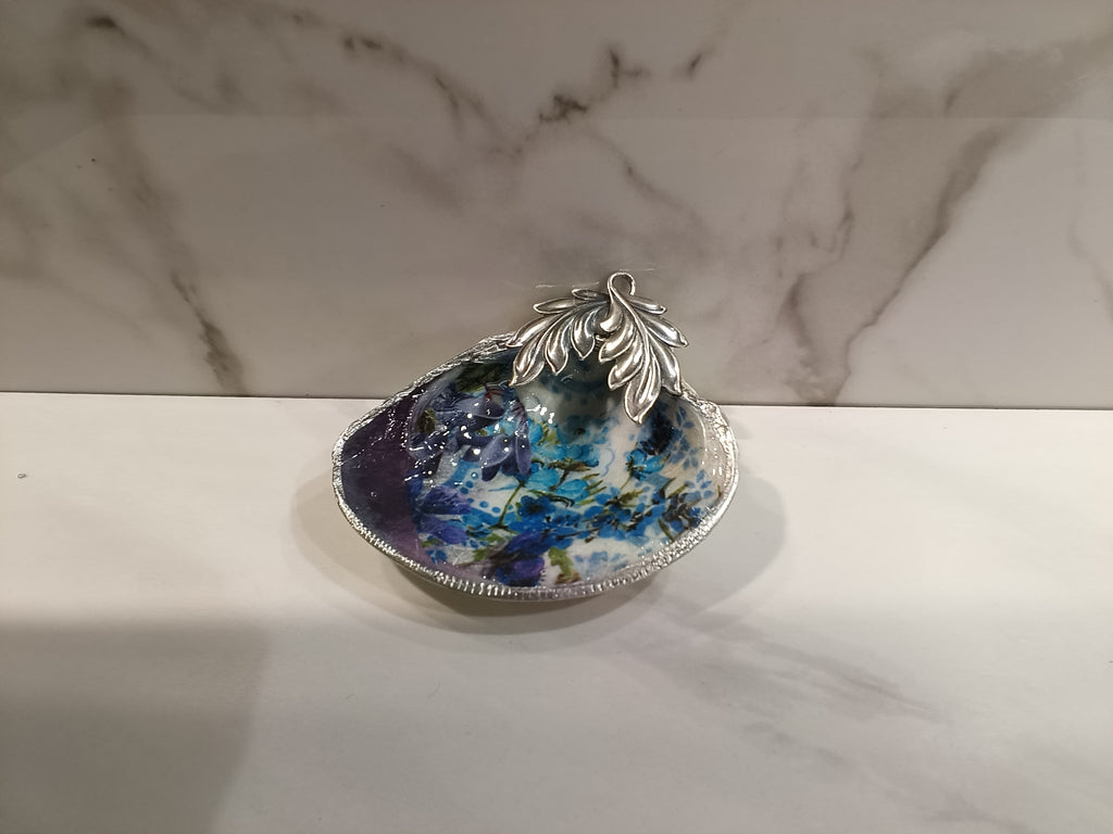 Blue Floral Oyster Shell Dish with Silver Leaf Accent
