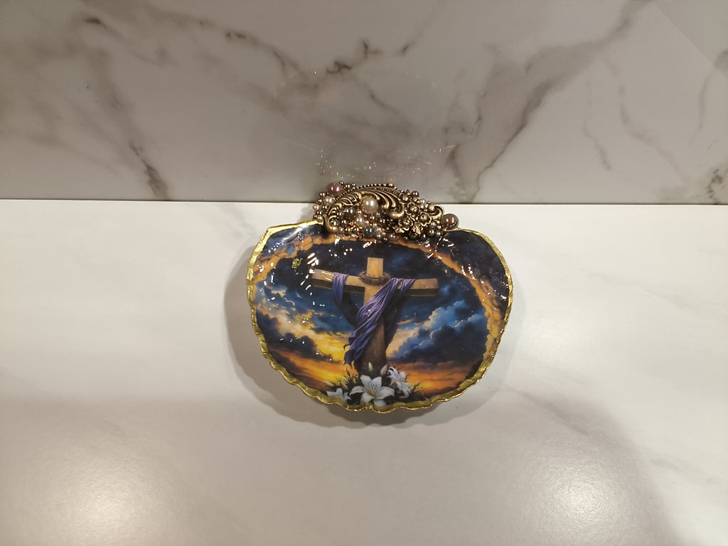Faith Cross Painted Oyster Shell Art Dish