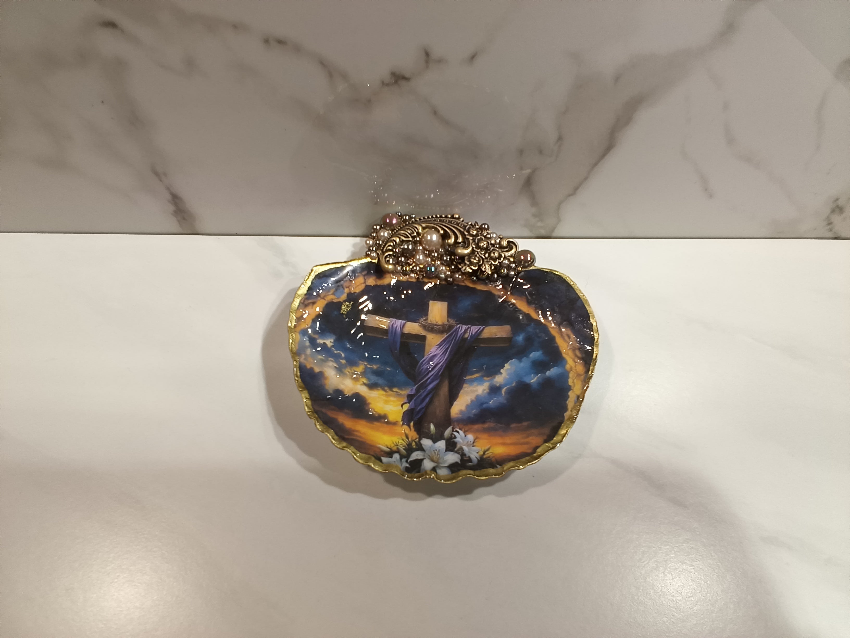 Faith Cross Painted Oyster Shell Art Dish