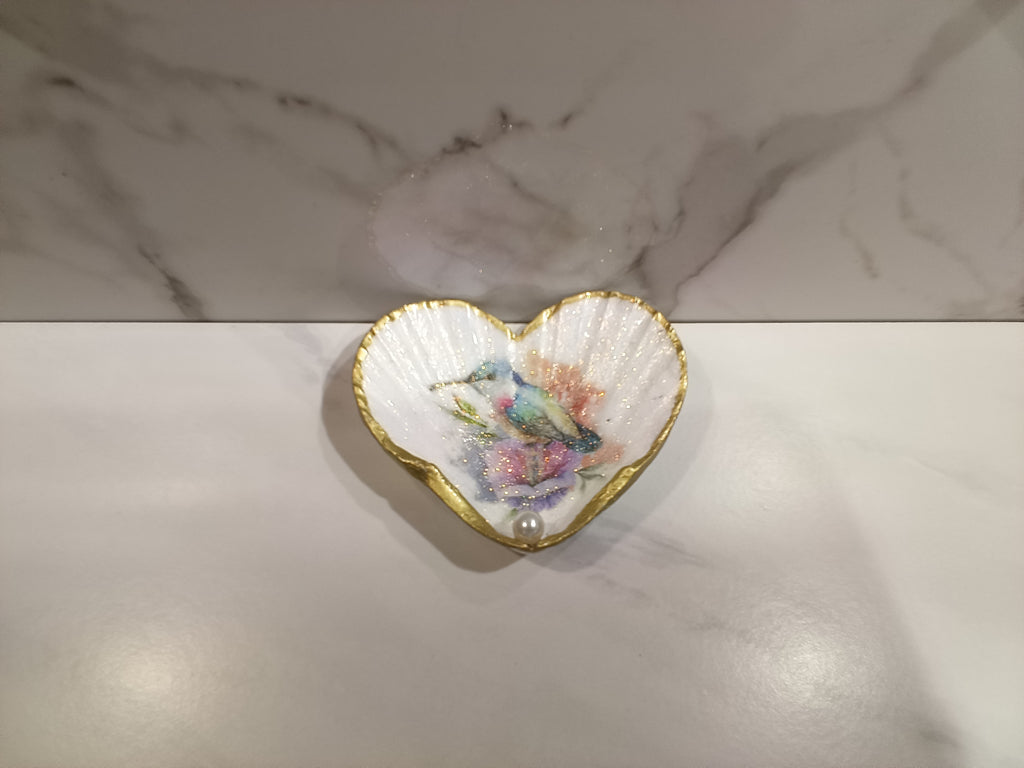 Hummingbird Floral Heart Shell Art Dish