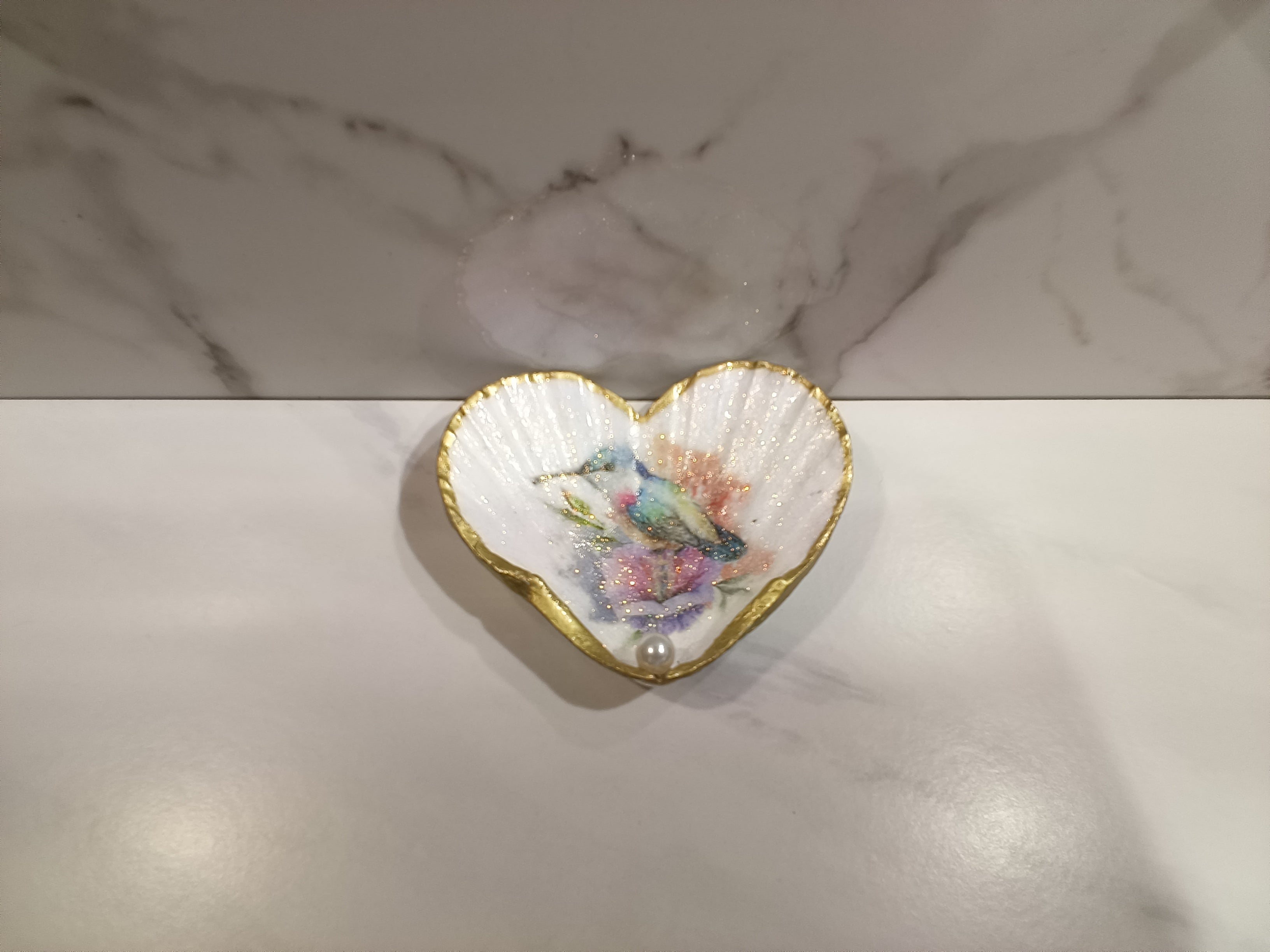 Hummingbird Floral Heart Shell Art Dish