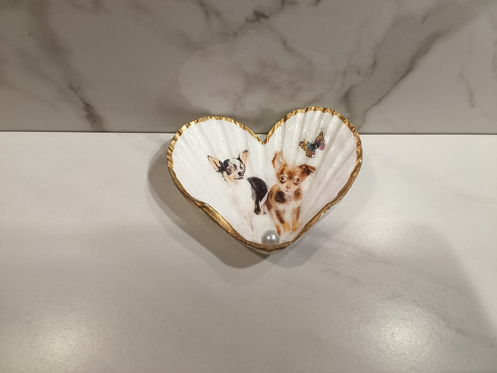 Chihuahua Duo Heart Shell Art Dish