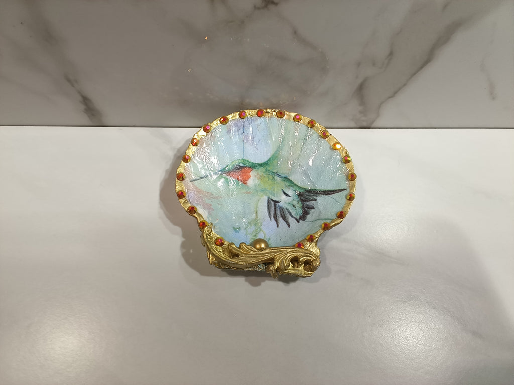 Hummingbird Iridescent Scallop Shell Art Dish with Stand